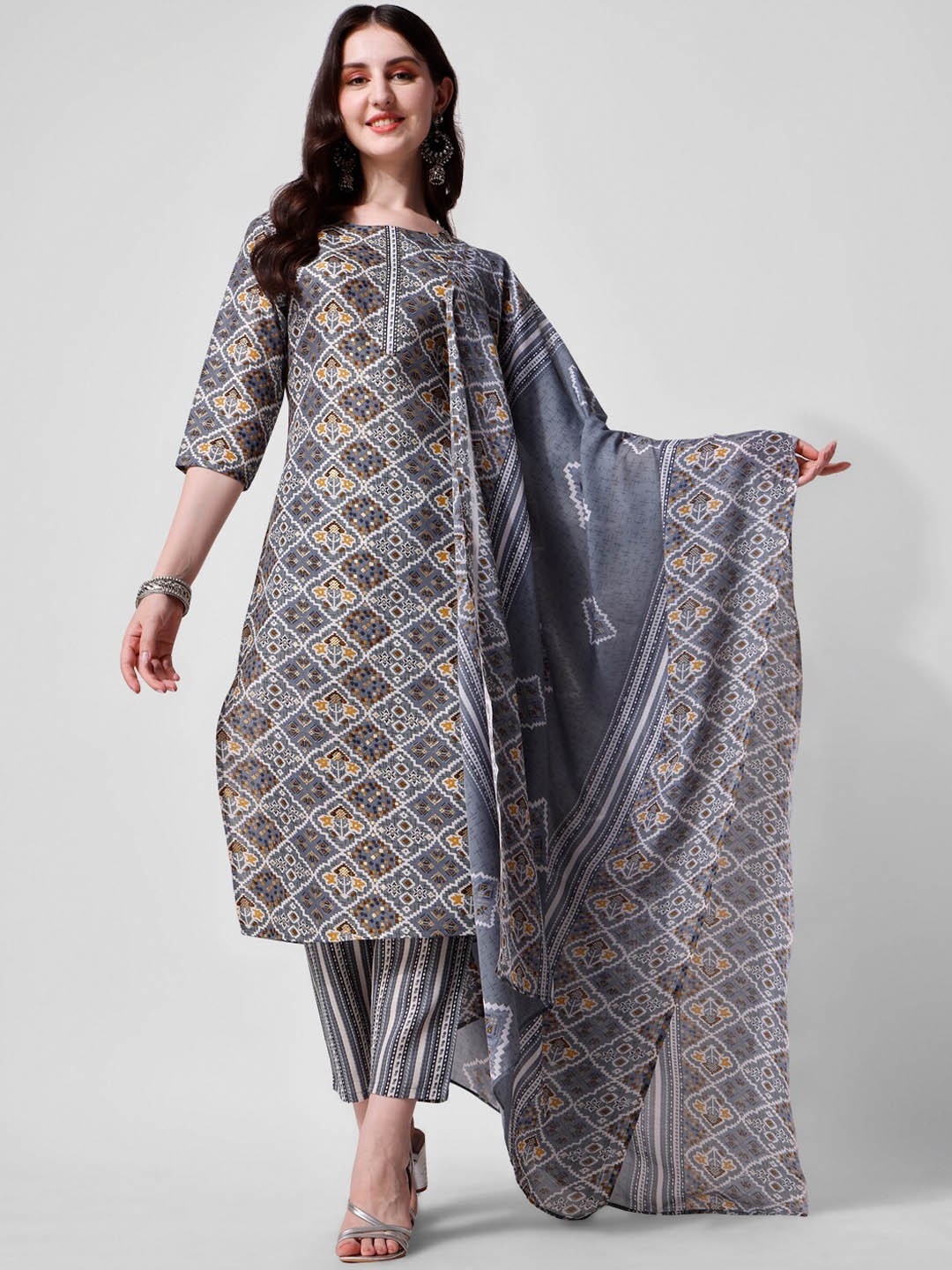 

Berrylicious Ethnic Motifs Printed Pure Cotton Kurta with Trousers & Dupatta, Blue