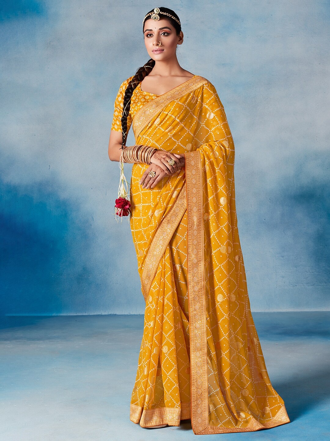 

Saree mall Yellow & Gold-Toned Bandhani Zari Pure Georgette Bandhani Sarees