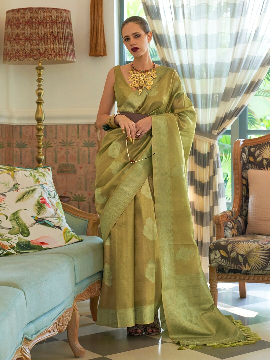 

Saree mall Olive Green & Gold-Toned Ethnic Motifs Woven Design Zari Banarasi Sarees