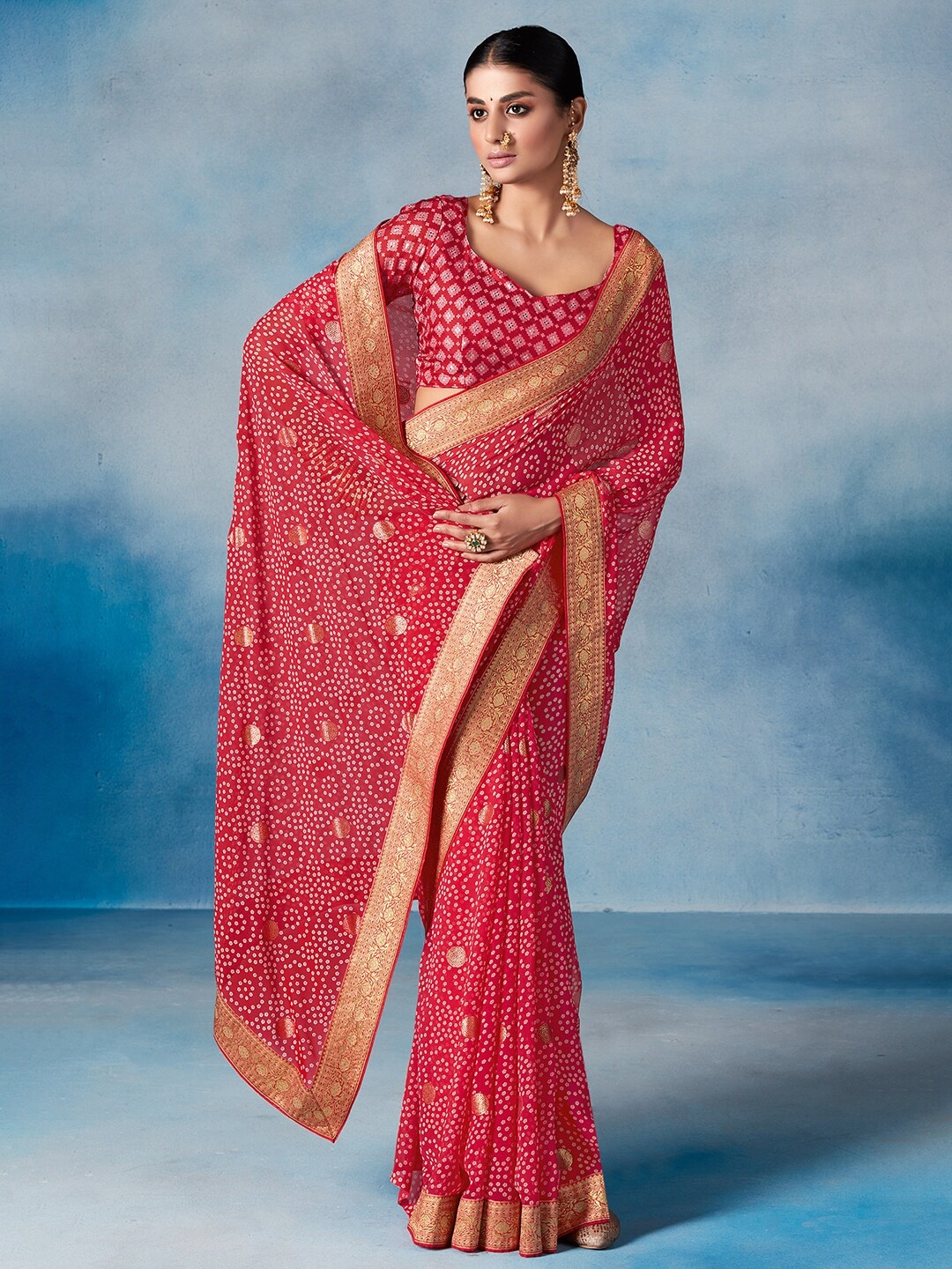 

Saree mall Zari Pure Georgette Bandhani Sarees, Pink