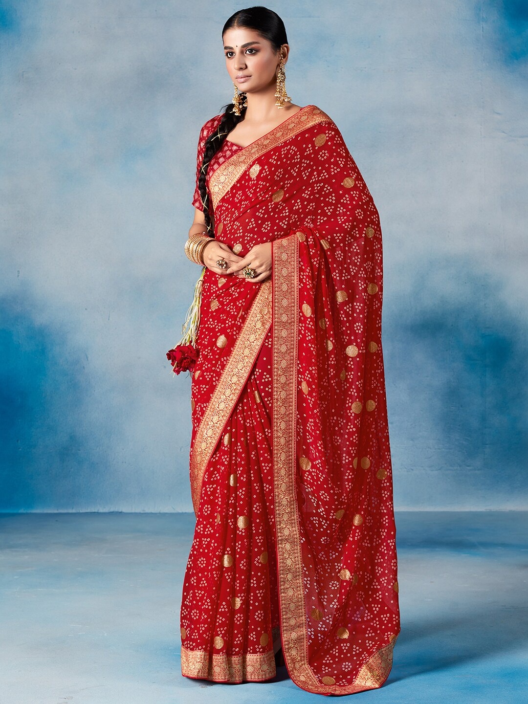 

Saree mall Red Gold-Toned Bandhani Zari Poly Georgette Bandhani Sarees