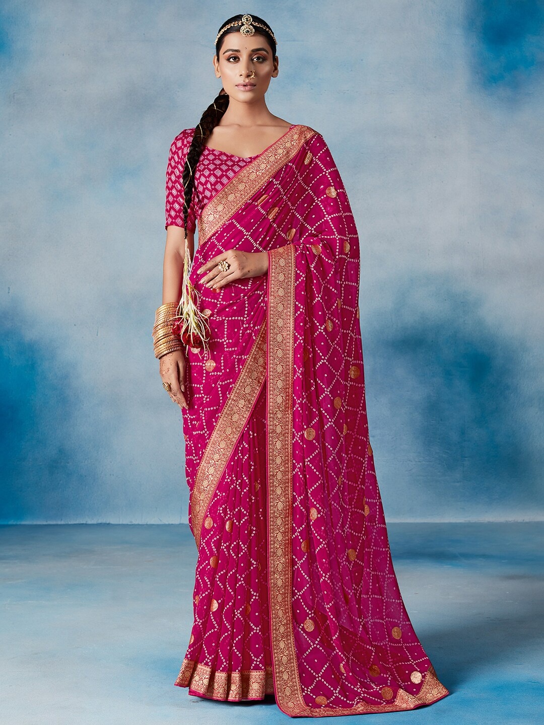 

Saree mall Pink & White Bandhani Zari Poly Georgette Bandhani Sarees