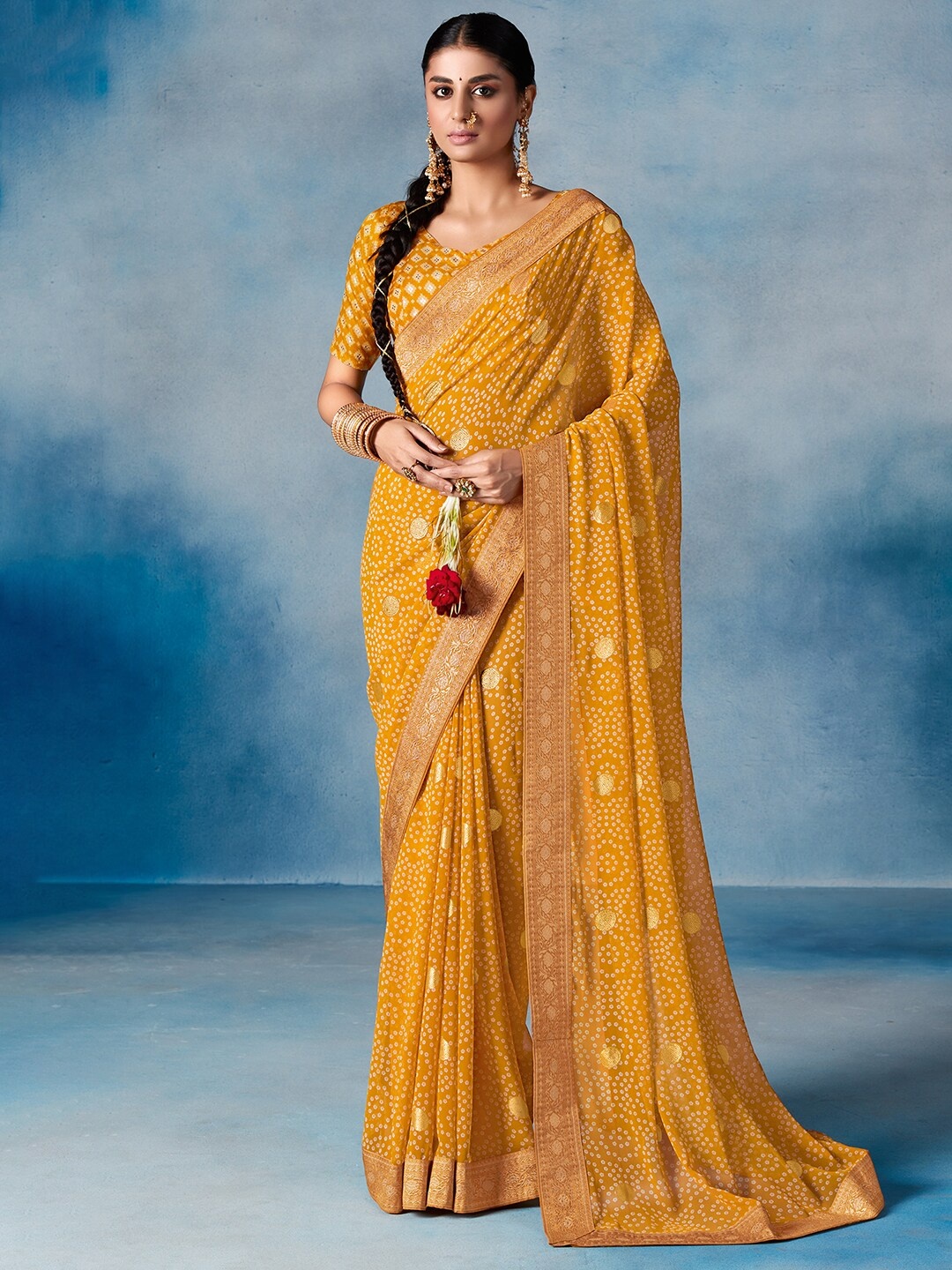 

Saree mall Yellow White Bandhani Zari Poly Georgette Bandhani Sarees