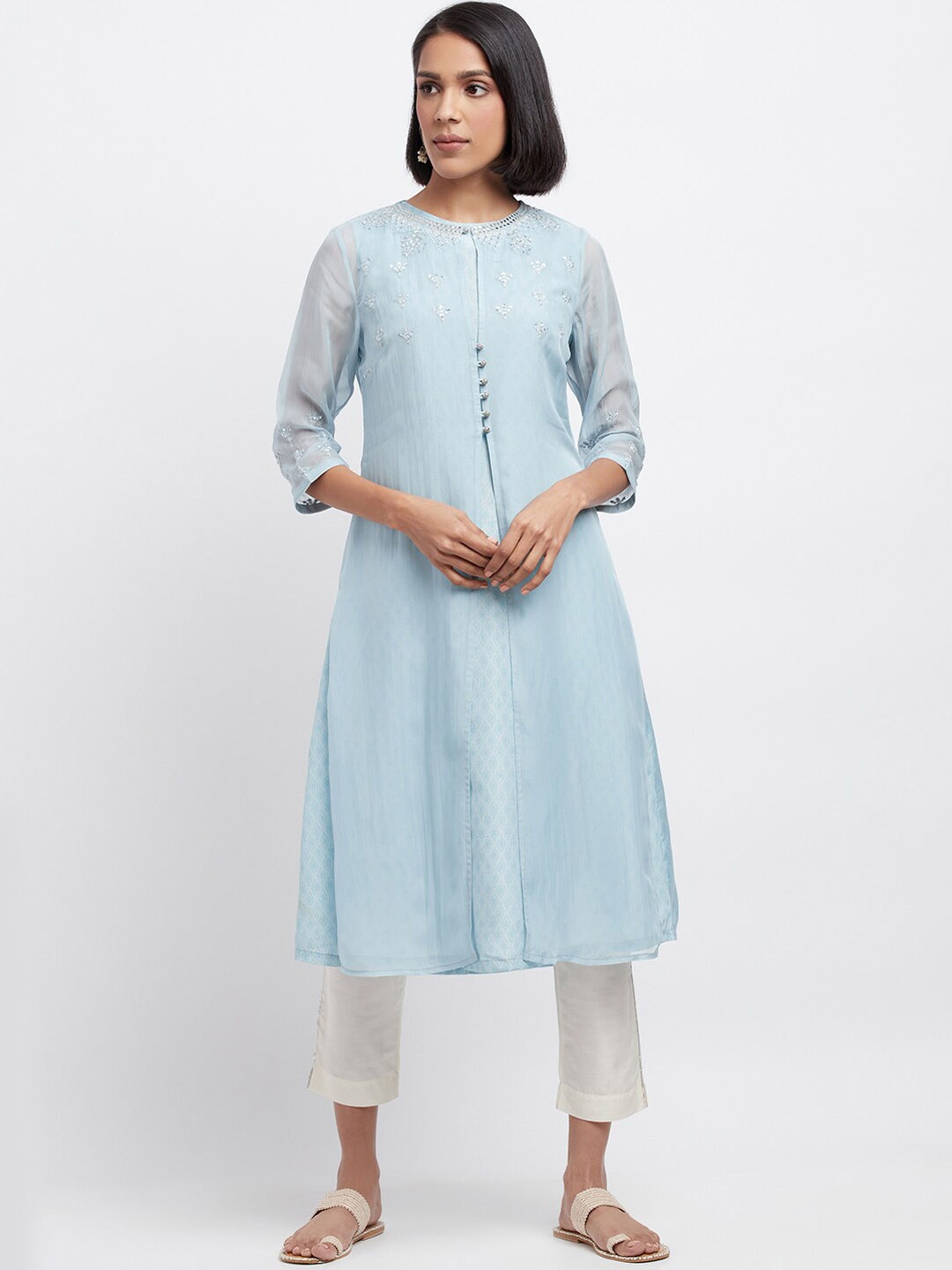 

WISHFUL Ethnic Motifs Embroidered Sequinned A-Line Kurta with Trousers, Blue
