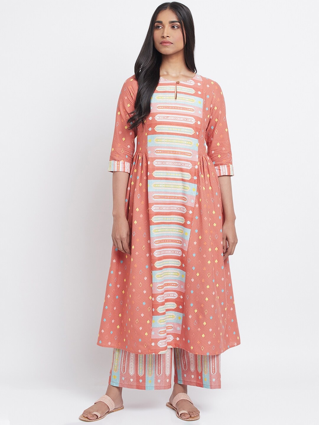 

W Peach-Coloured Quirky Printed Keyhole Neck Panelled A-Line Kurta with Palazzos