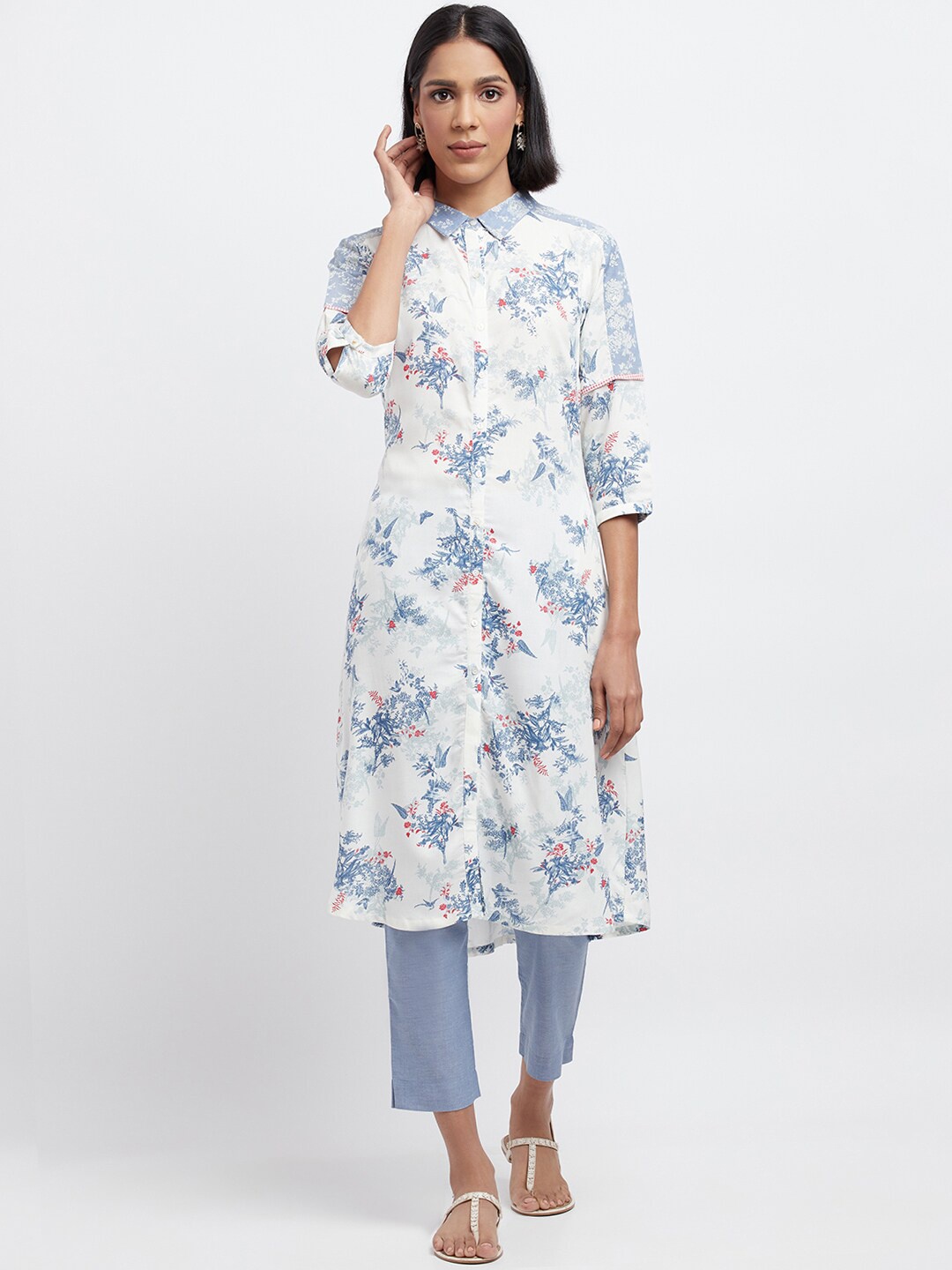 

W White & Blue Floral Printed Shirt Collar A-Line Kurta with Trousers