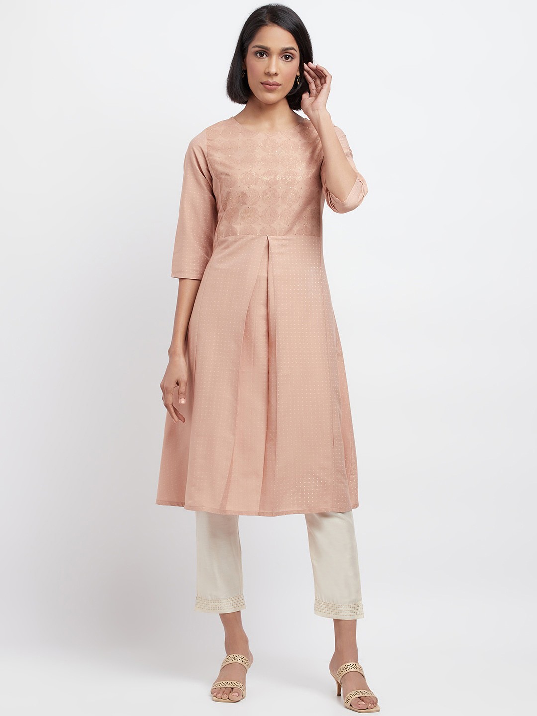

W Mauve Abstract Printed Sequinned Pleated A-Line Kurta with Trousers