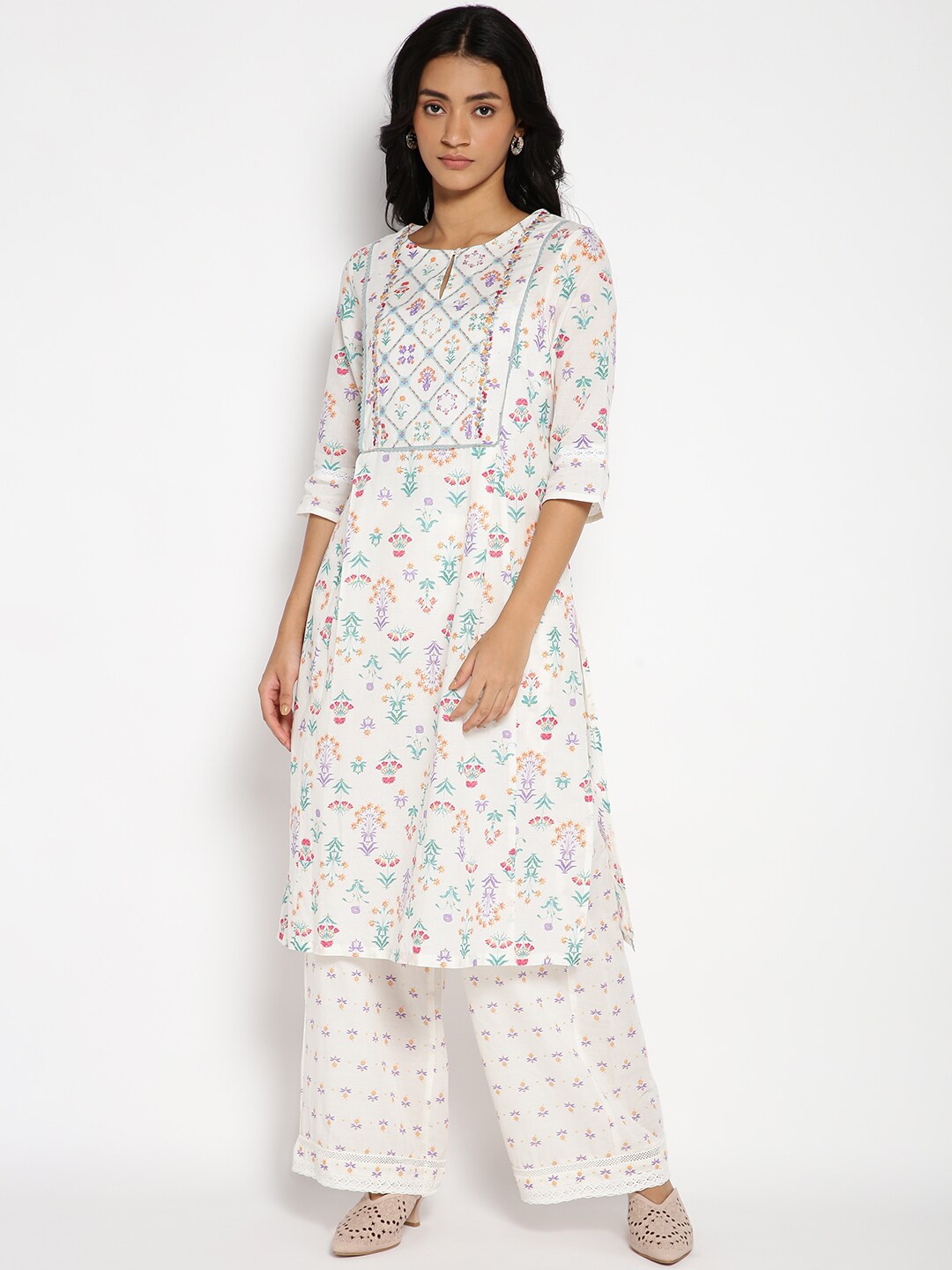 

W White Floral Printed Thread Work Pure Cotton Kurta with Palazzos