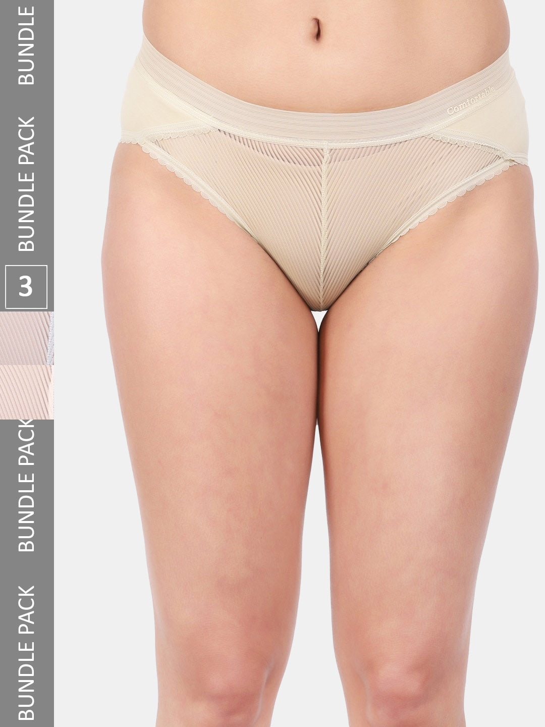 Amour Secret Women Pack Of 3 Anti Bacterial Lace Hipster Briefs, Beige