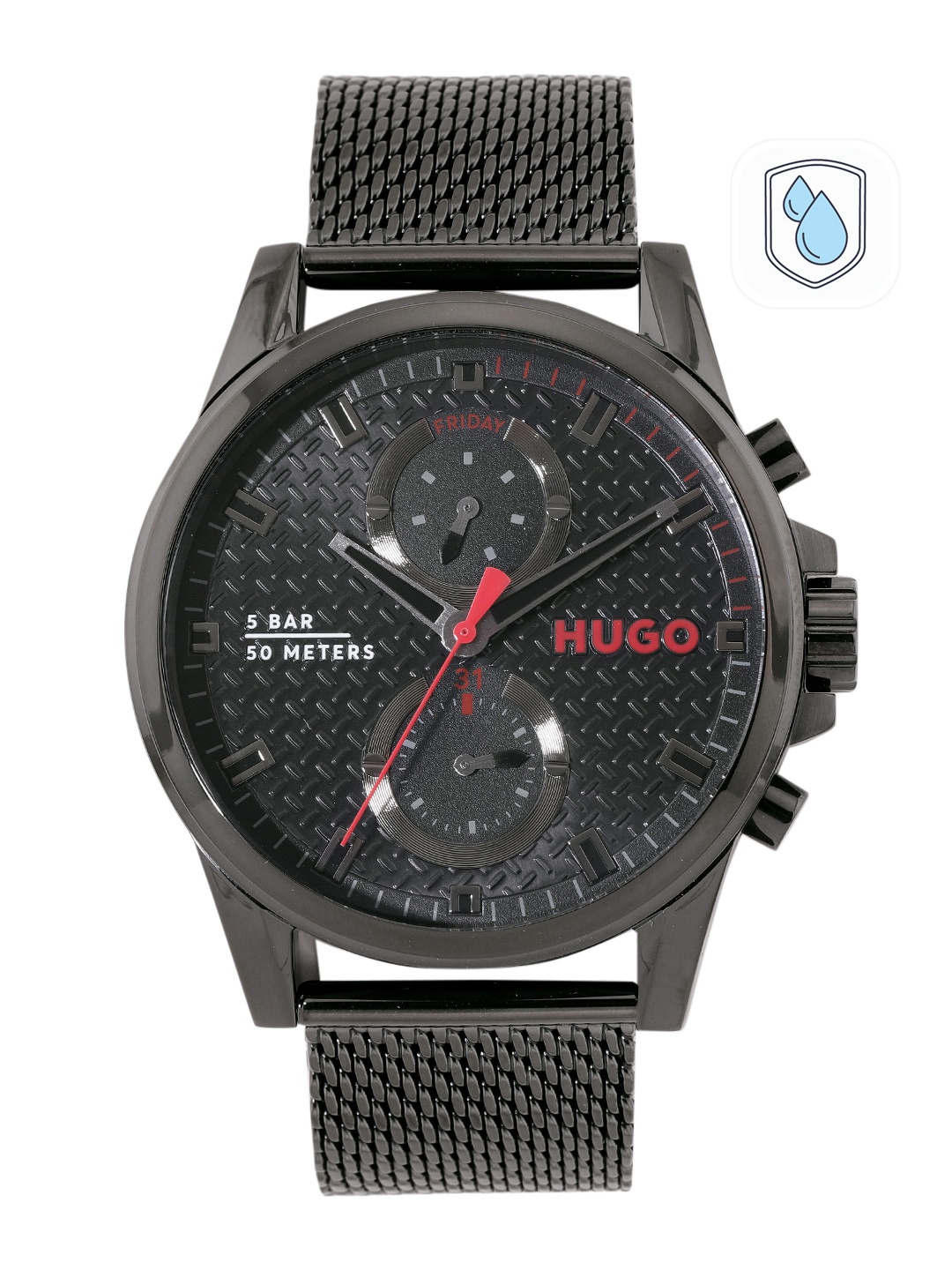 

HUGO Men Patterned Dial & Stainless Steel Bracelet Style Straps Analogue Watch 1530317, Black