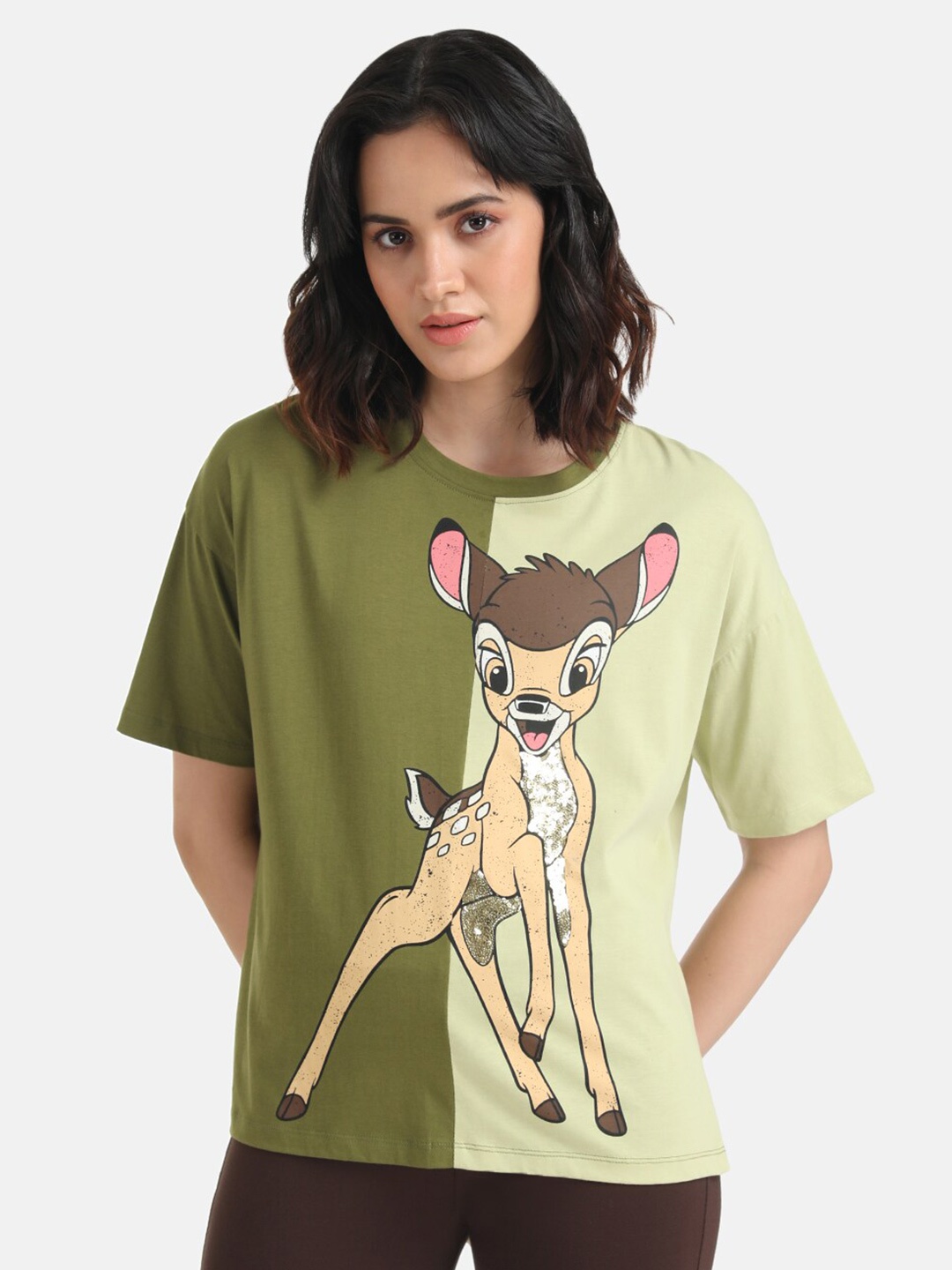 

Kazo Bambi Printed Drop-Shoulder Sleeves Disney T-shirt, Green