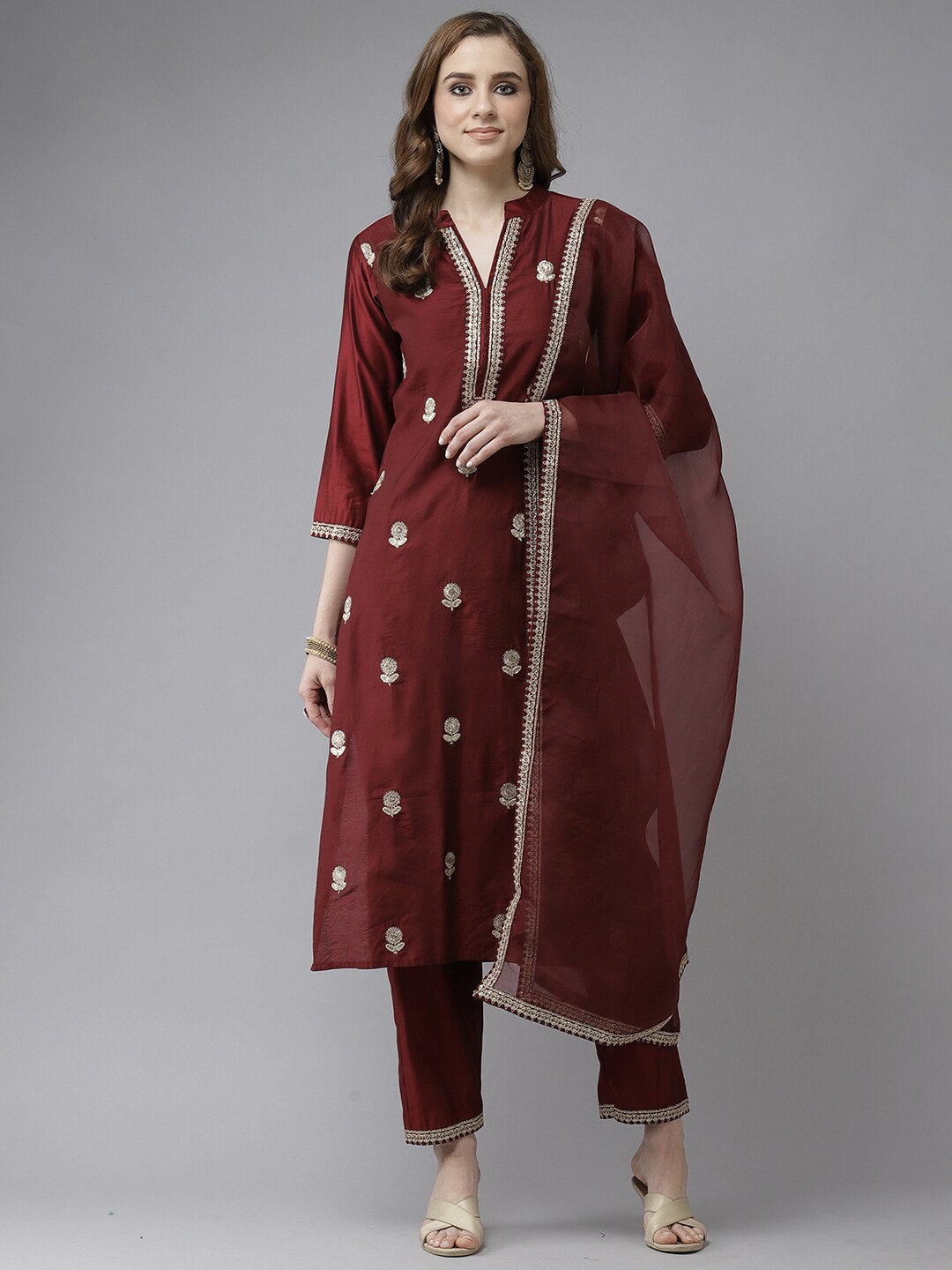 

Indo Era Maroon Floral Embroidered Sequinned Liva Kurta with Trousers & Dupatta