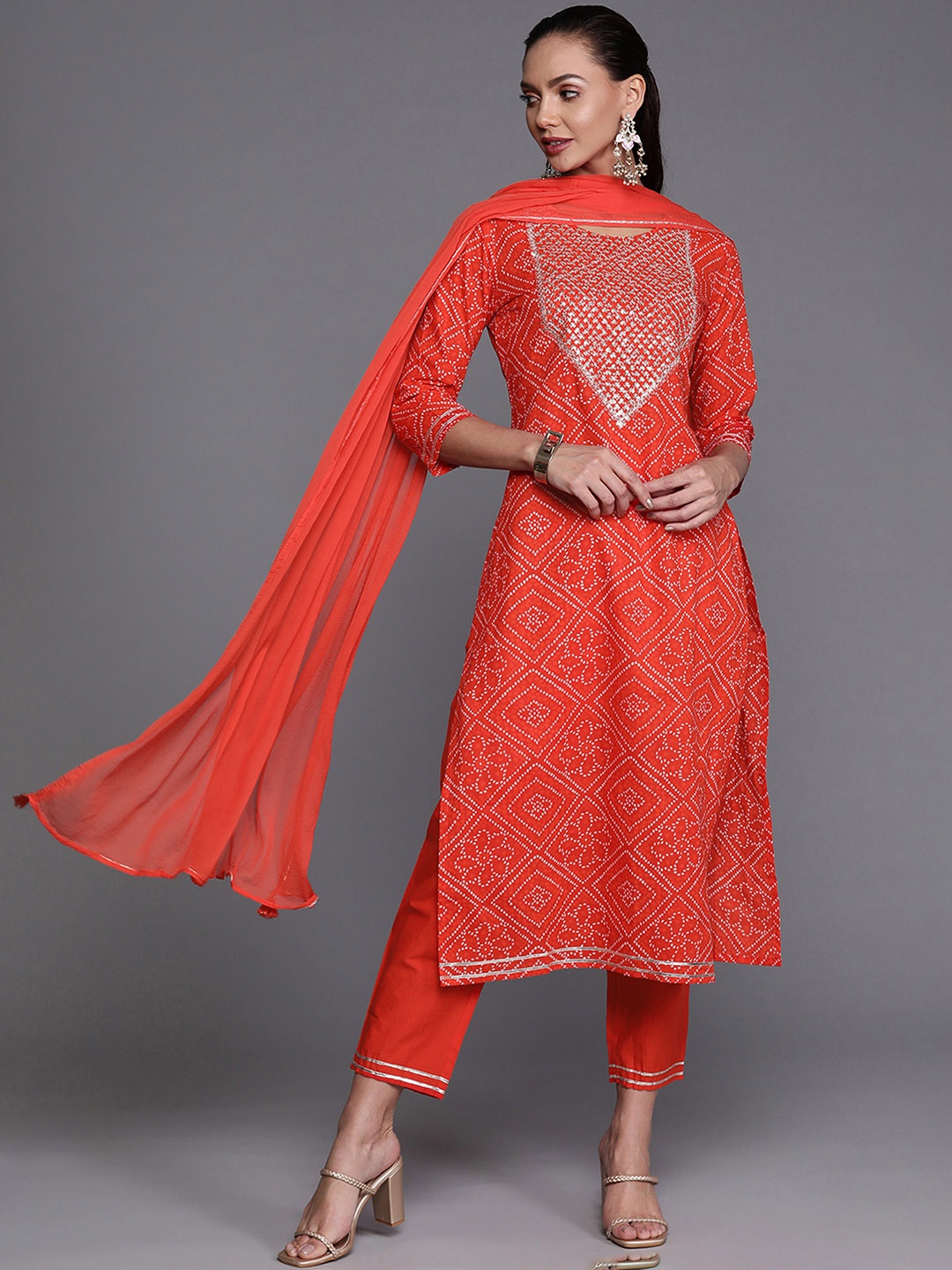 

Indo Era Bandhani Printed Sequined Kurta with Palazzos & Dupatta, Orange