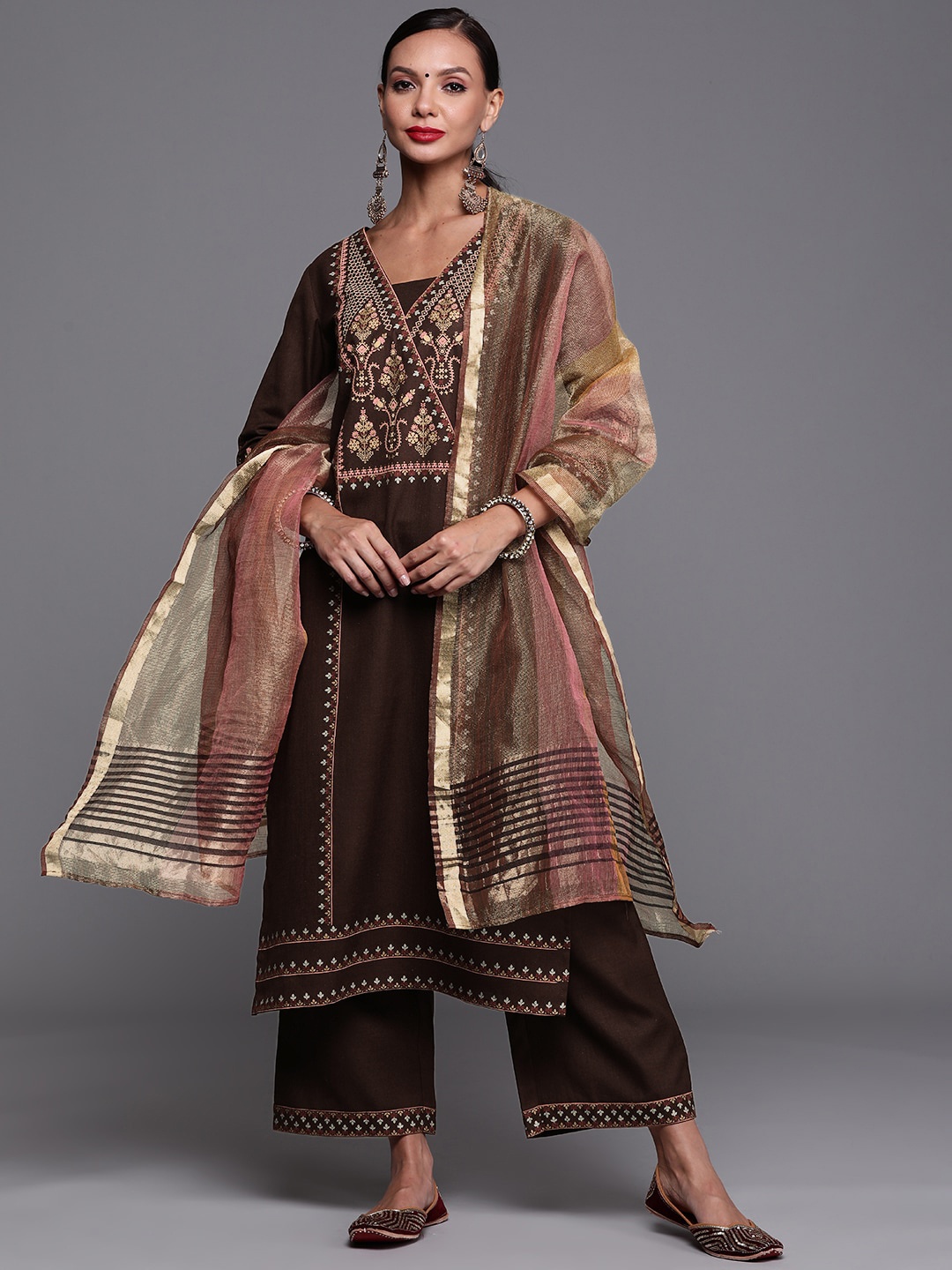 

Indo Era Ethnic Motifs Printed Straight Kurta with Palazzos & Dupatta, Brown