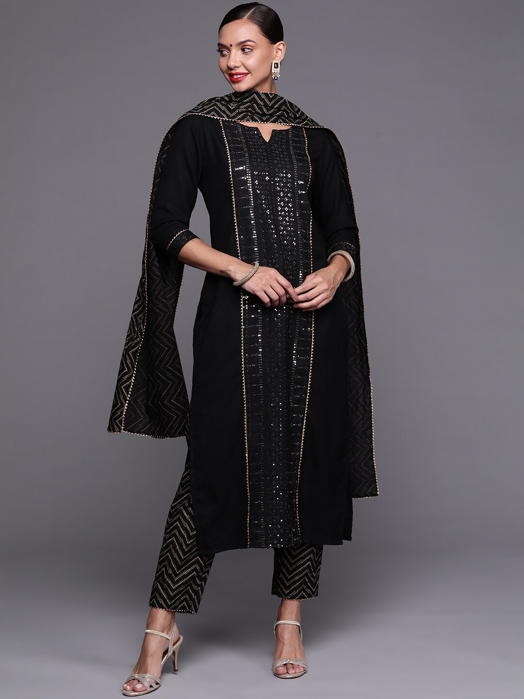 

Indo Era Black Ethnic Motifs Embroidered Sequinned Panelled Kurta with Trousers & Dupatta