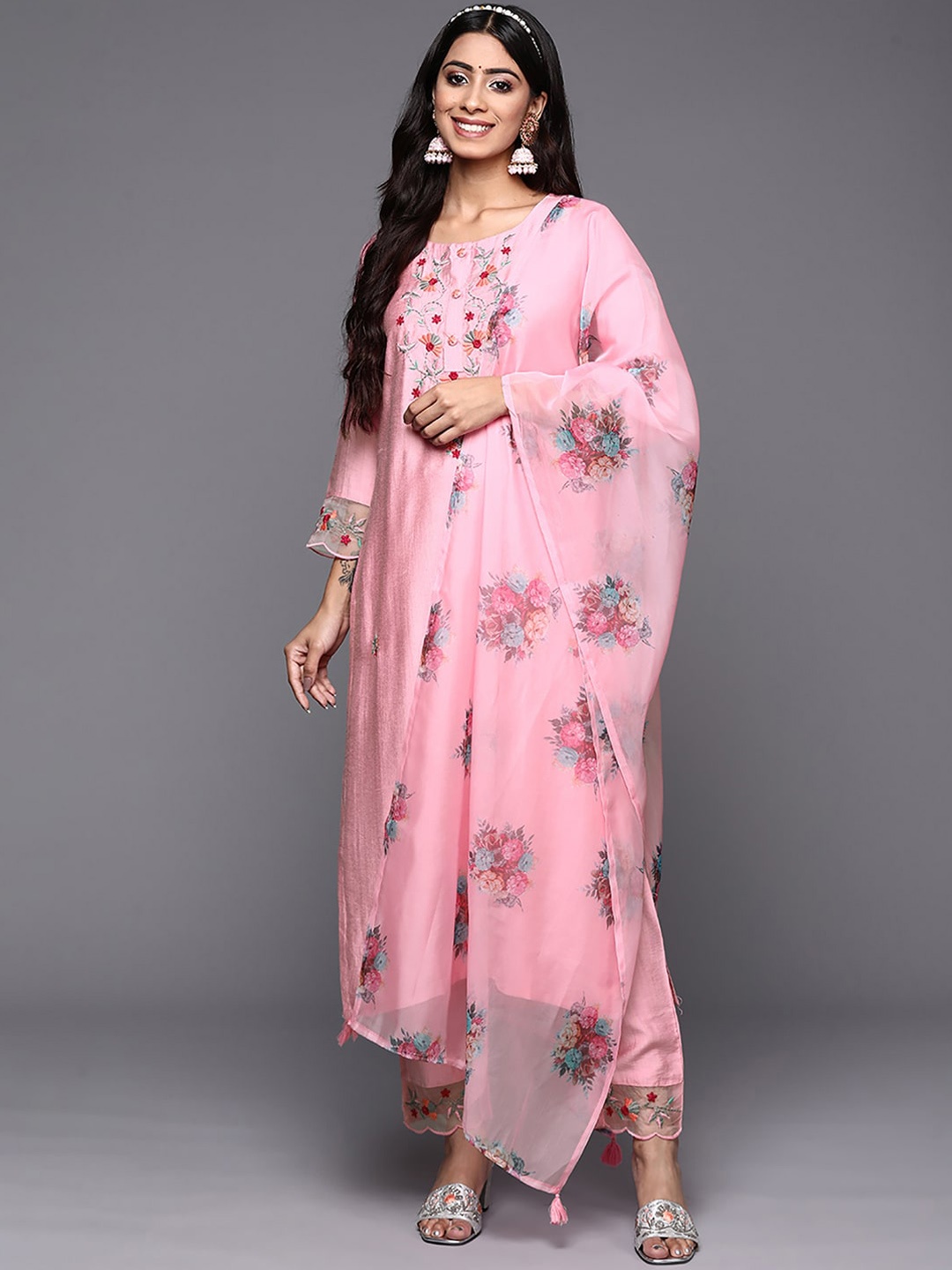 

Indo Era Pink Floral Embroidered Kurta with Trousers & Dupatta
