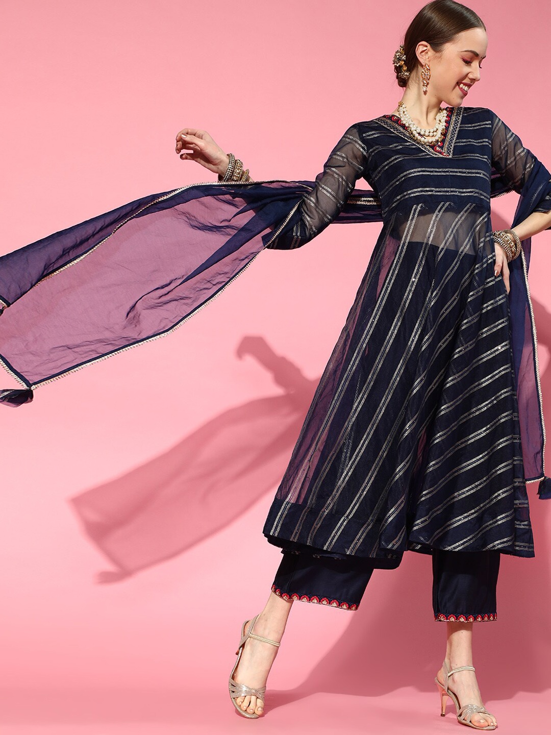 

Indo Era Navy Blue Striped Sequinned A-Line Liva Kurta with Palazzos & Dupatta