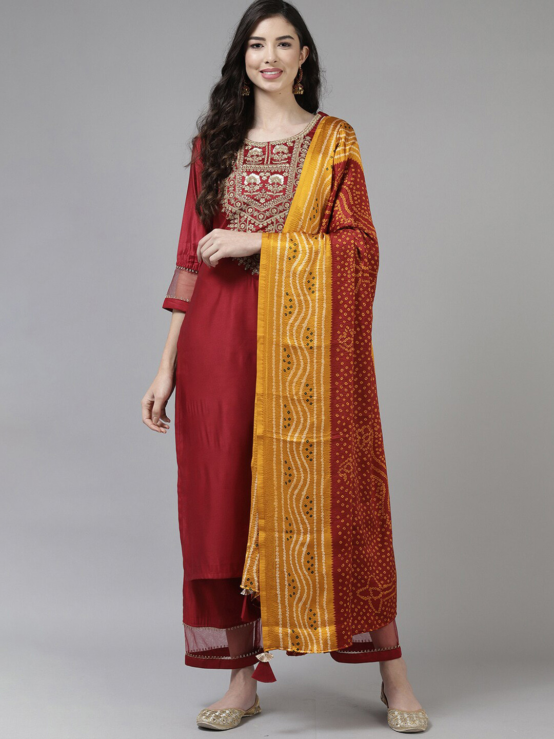 

Indo Era Red & Mustard Yellow Embroidered Sequined Liva Kurta with Palazzos & Dupatta