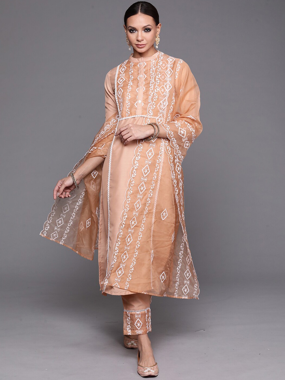 

Indo Era Embroidered Straight Kurta With Trousers & Dupatta, Peach