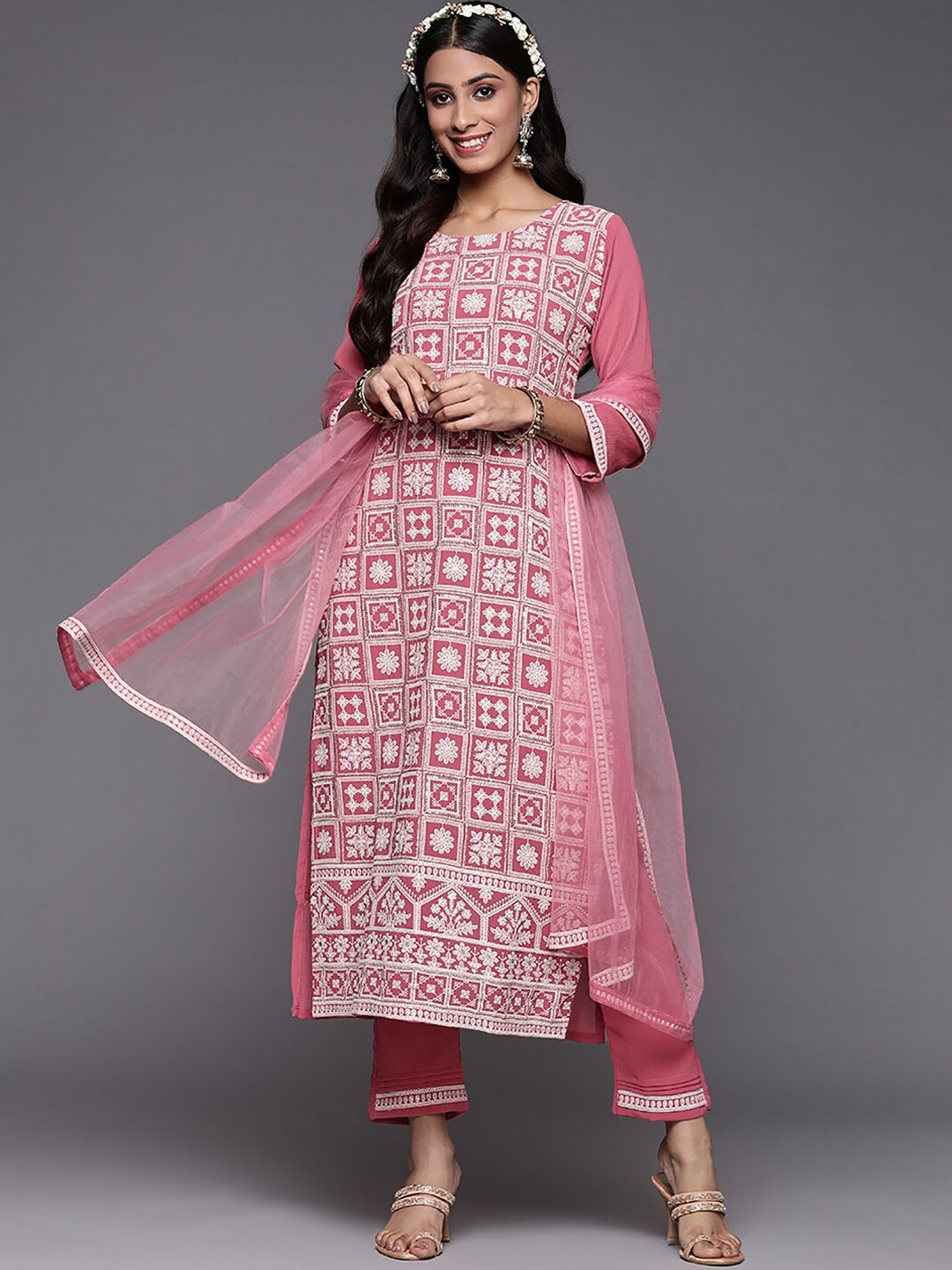 

Indo Era Mauve Ethnic Motifs Embroidered Zari Kurta with Trousers & Dupatta