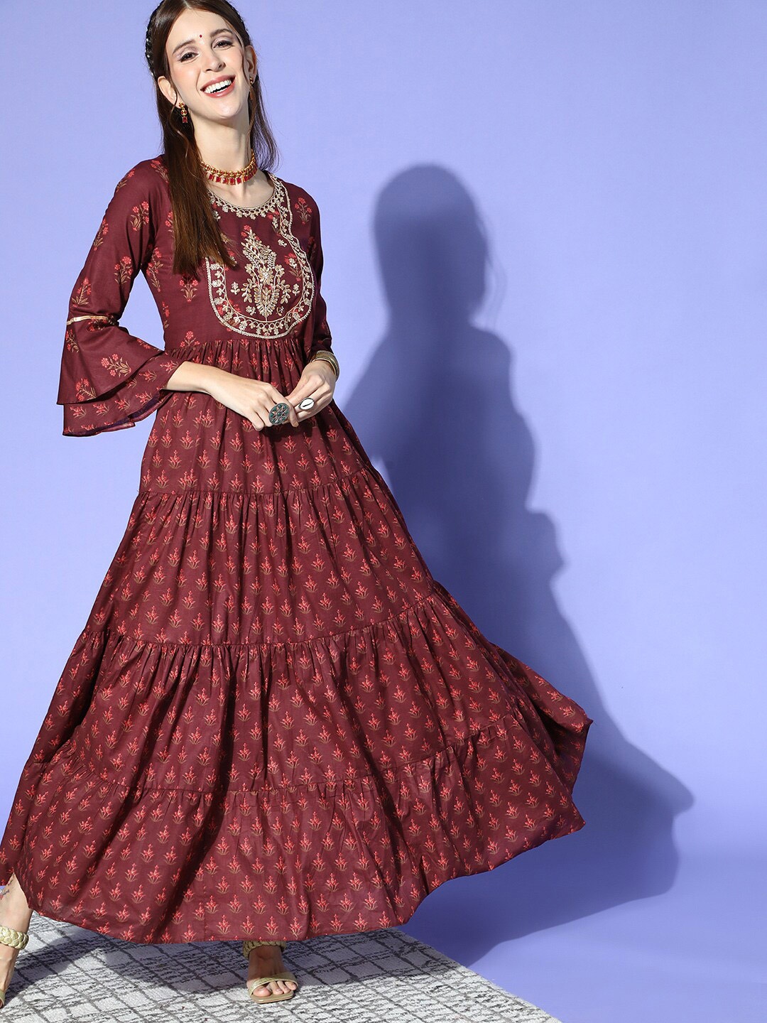 

Indo Era Maroon Floral Printed Embroidered Tiered Cotton Fit & Flare Ethnic Dress