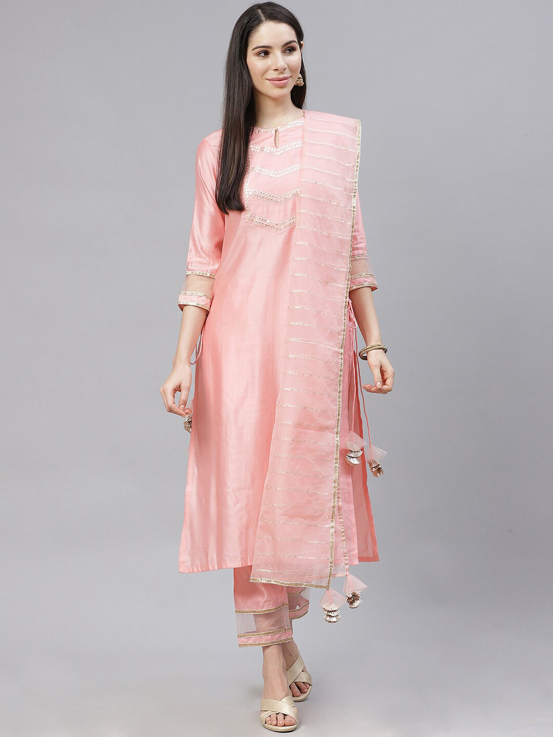 

Indo Era Embroidered Straight Sequinned Kurta With Trousers & Dupatta, Pink