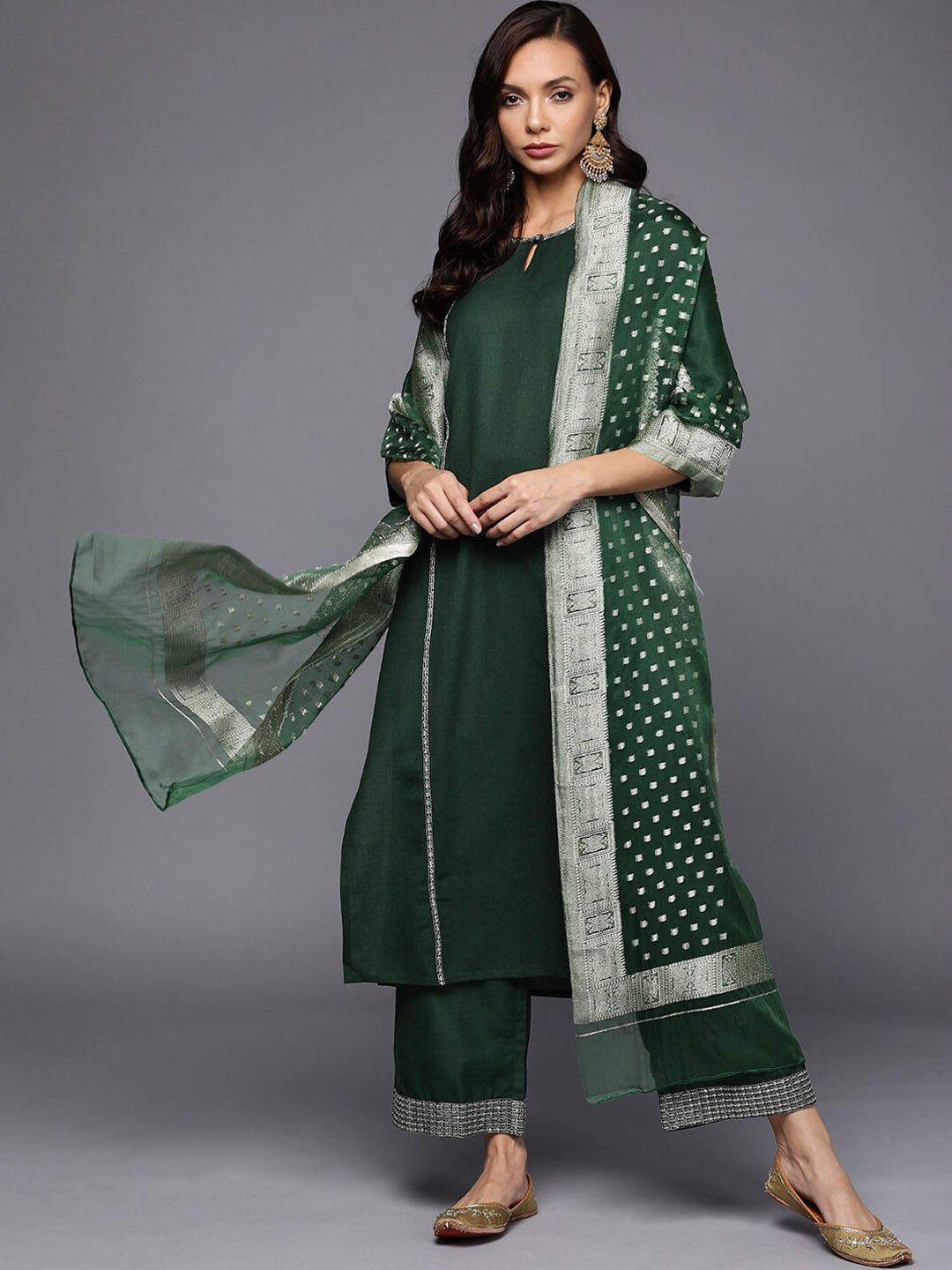 

Indo Era Green Ethnic Motifs Embroidered Sequined Panelled Kurta with Palazzos & Dupatta