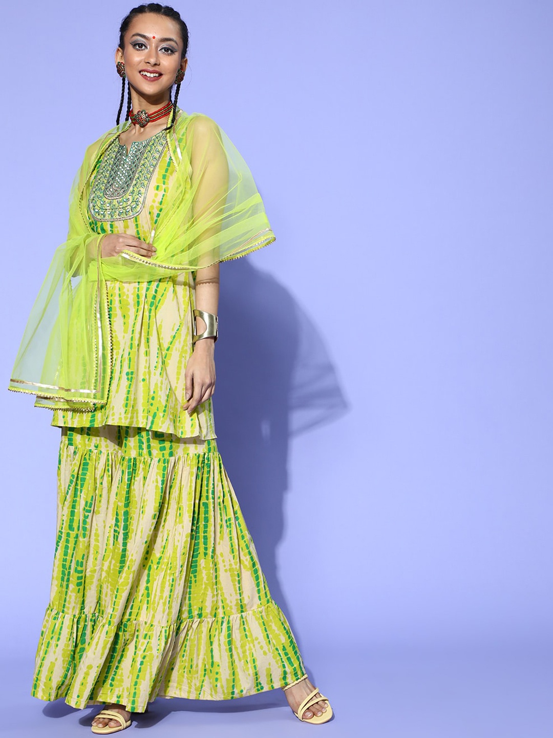 

Indo Era Tie And Dyed Thread Work Kurta With Sharara & Dupatta, Green