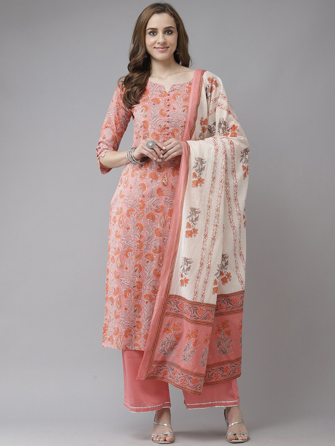 

Indo Era Peach-Coloured & Orange Floral Printed Kurta with Palazzos & Dupatta