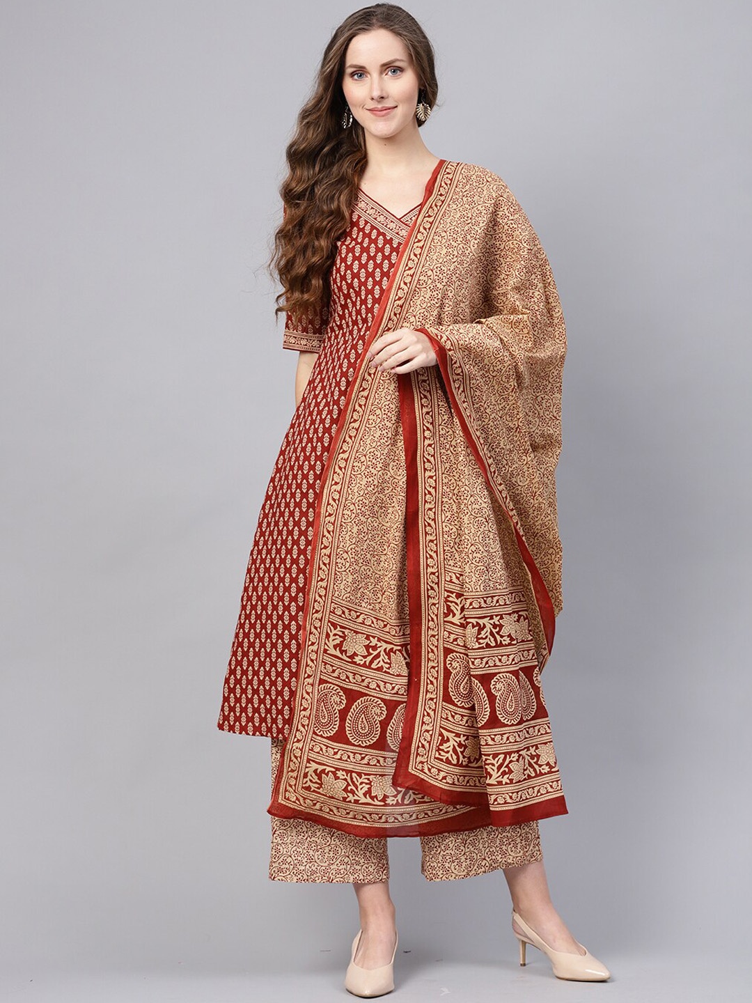 

Indo Era Maroon & Beige Ethnic Printed Angrakha Pure Cotton Kurta with Palazzos & Dupatta