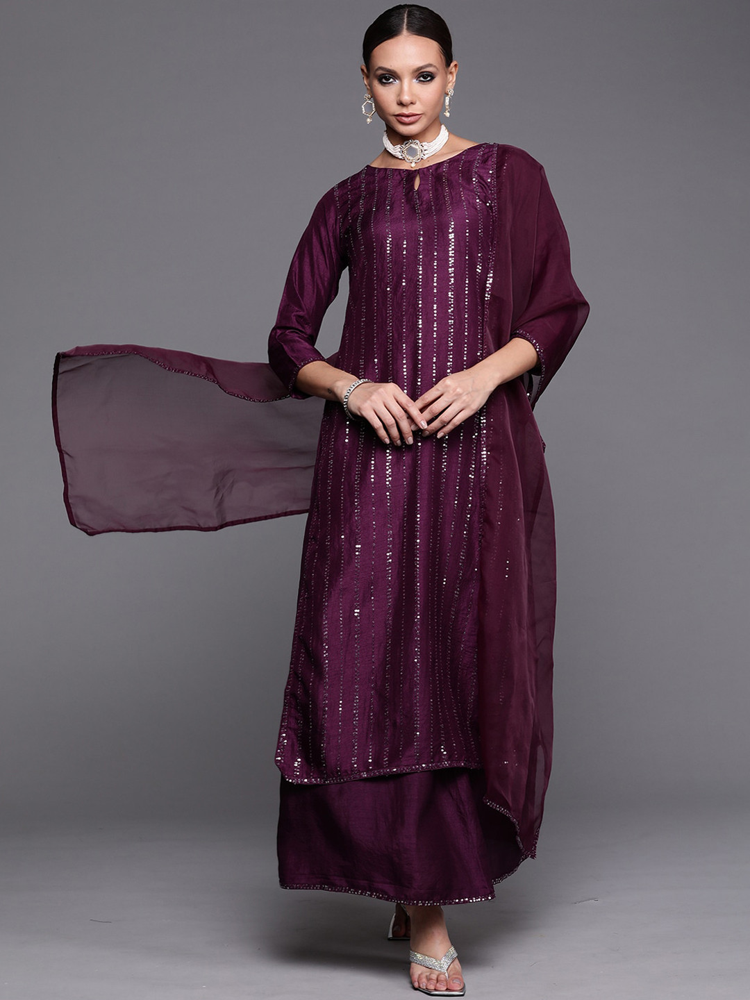

Indo Era Purple Embellished Keyhole Neck Kurta with Palazzos & Dupatta