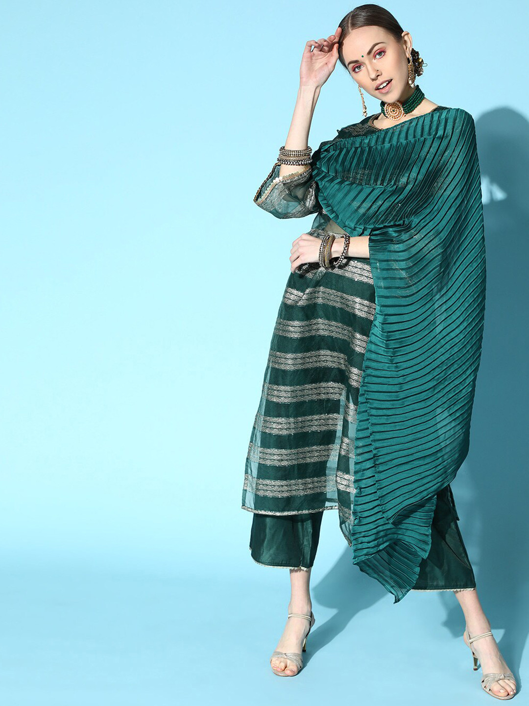 

Indo Era Teal Green Striped Woven Design Kurta with Palazzos & Dupatta