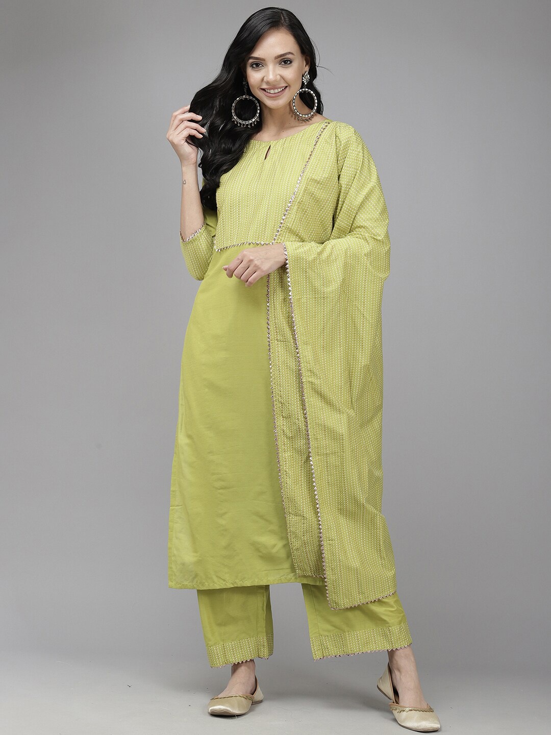 

Indo Era Light Green Abstract Printed Gotta Patti Kurta with Palazzos & Dupatta