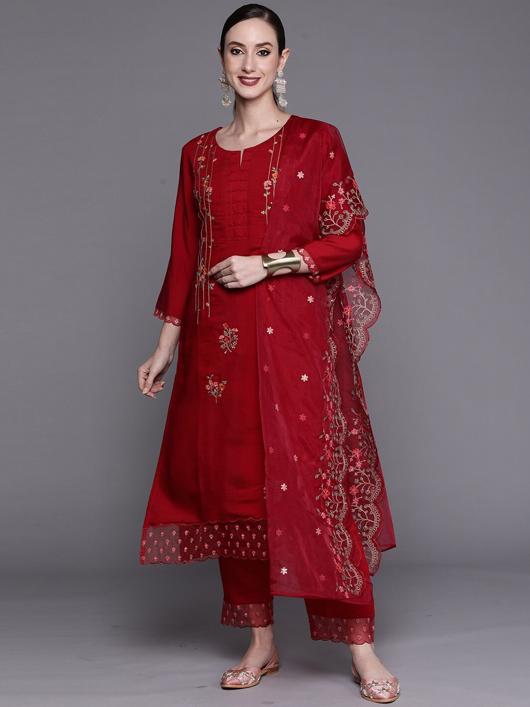 

Indo Era Red Floral Embroidered Sequined Kurta with Trousers & Dupatta