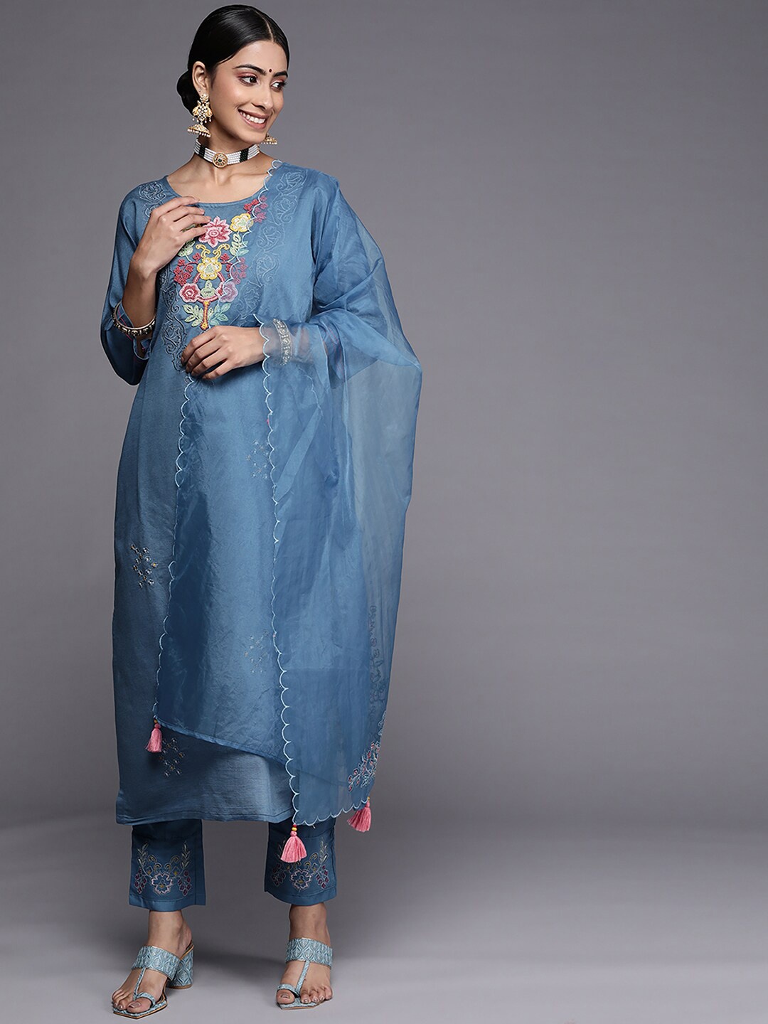 

Indo Era Blue Floral Embroidered Beads & Stones Kurta with Trousers & Dupatta