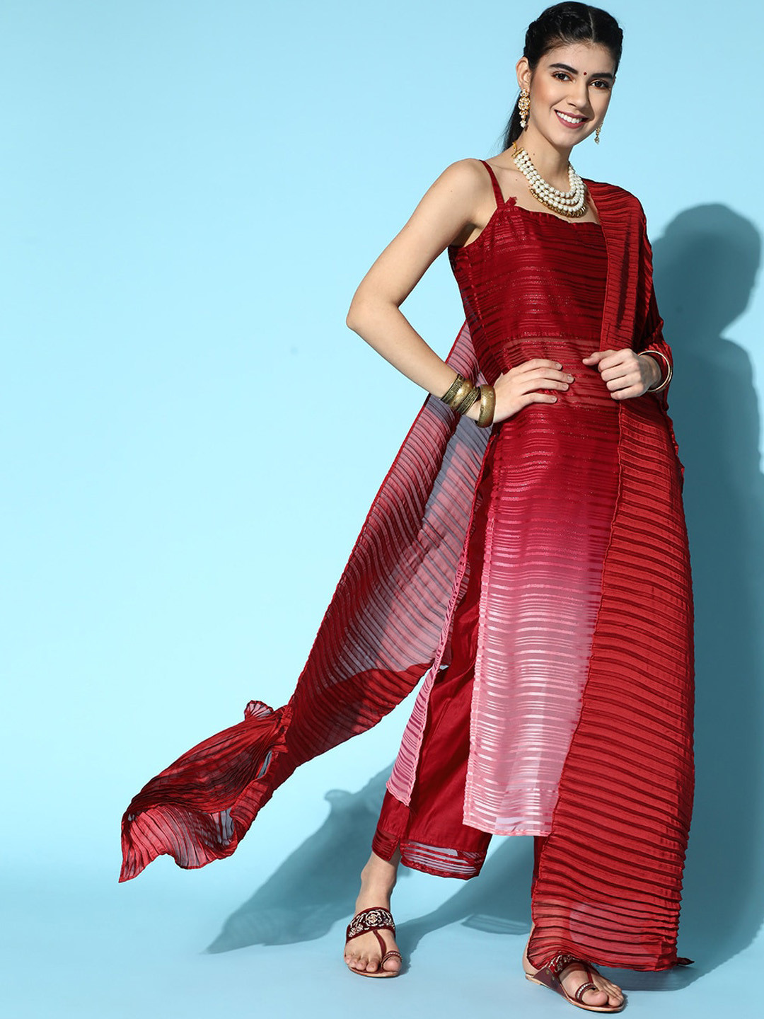

Indo Era Shoulder straps Self Design Kurta with Trousers & Dupatta, Maroon