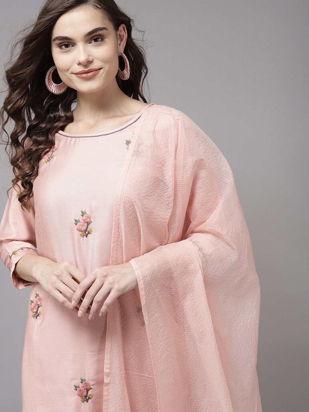 

Indo Era Pink Floral Embroidered Kurta with Trousers & Dupatta