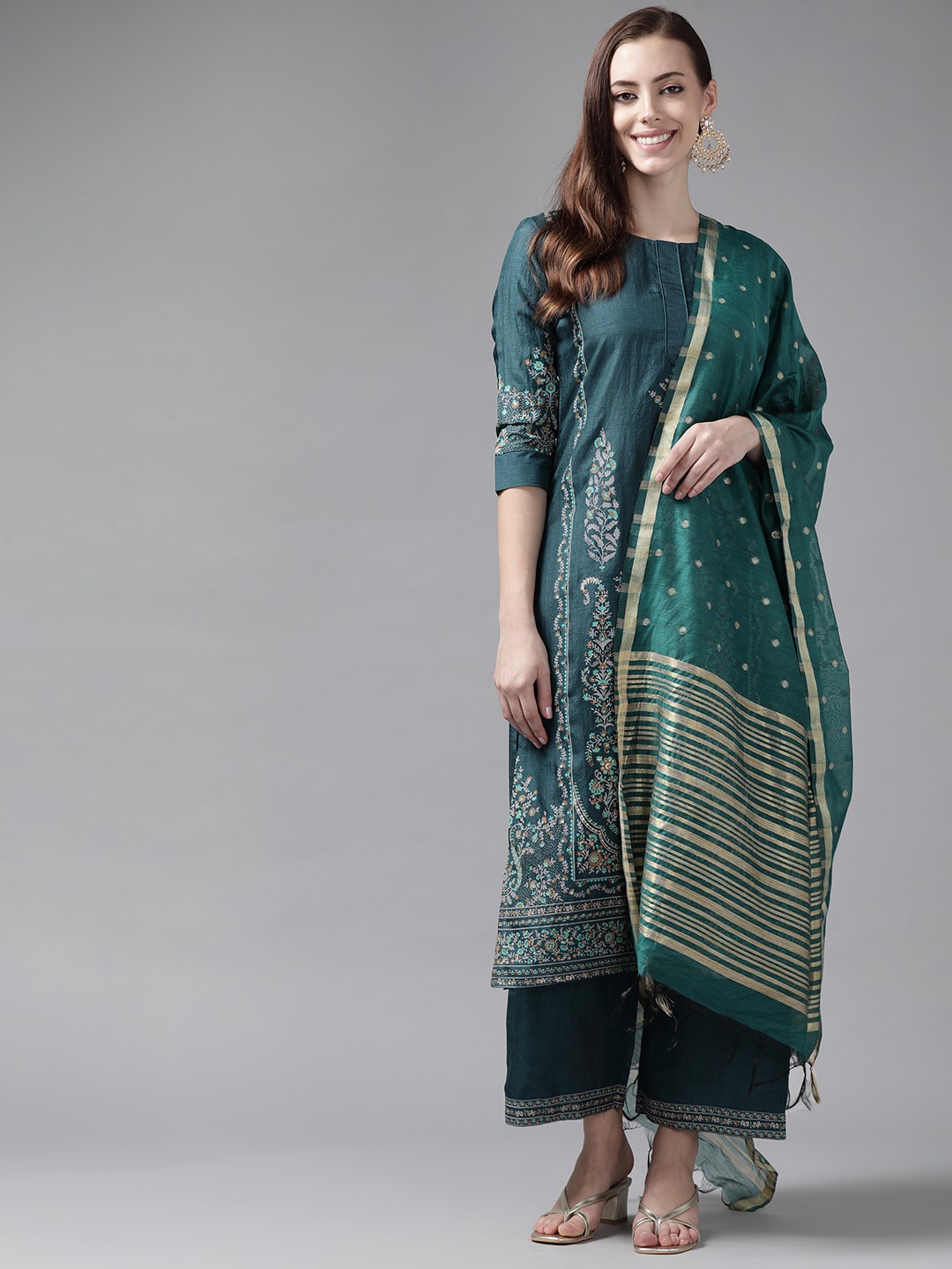 

Indo Era Teal Green Ethnic Motifs Foil Printed Kurta with Palazzos & Dupatta