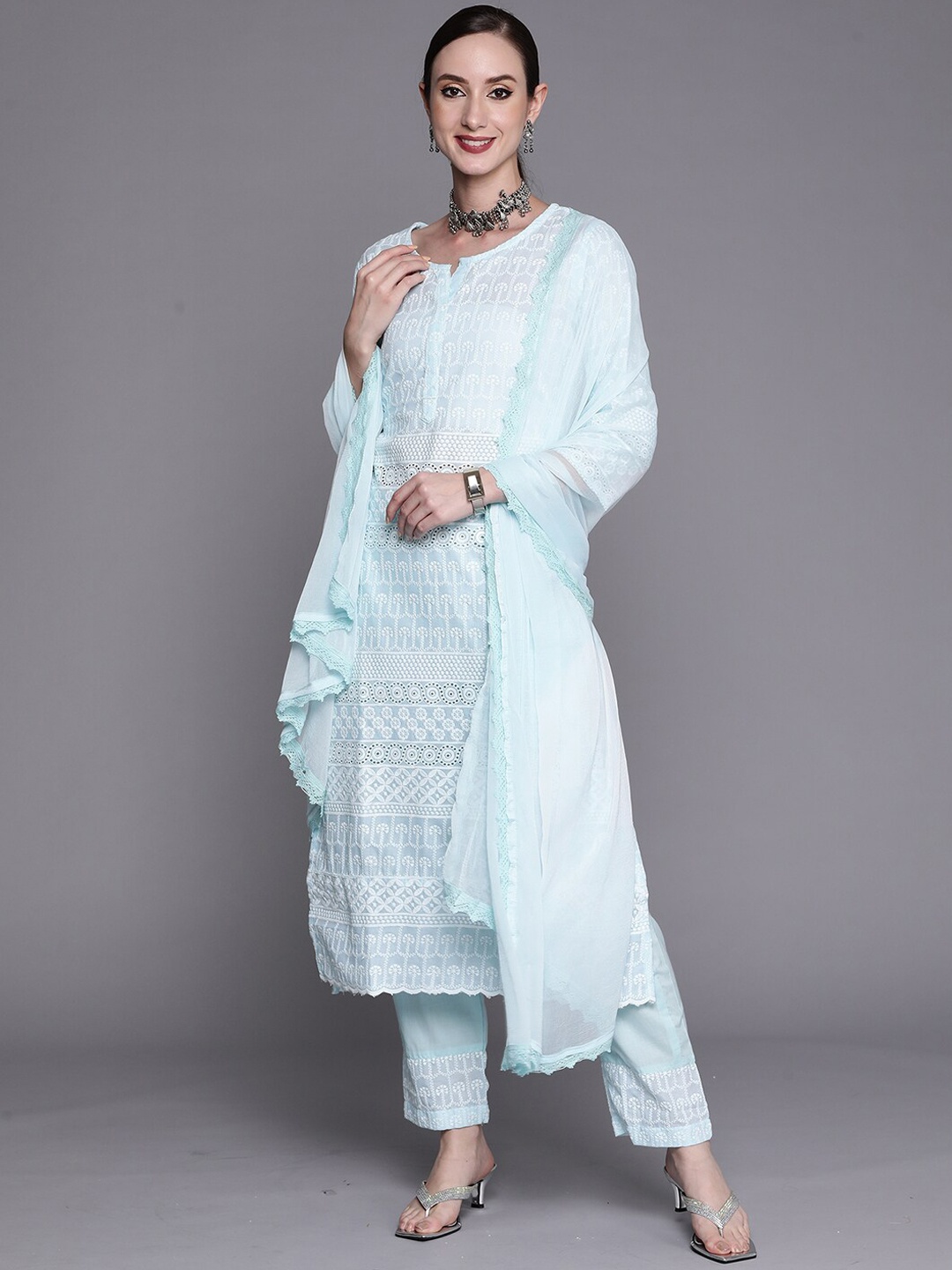 

Indo Era Floral Embroidered Kurta with Trousers & Dupatta, Blue