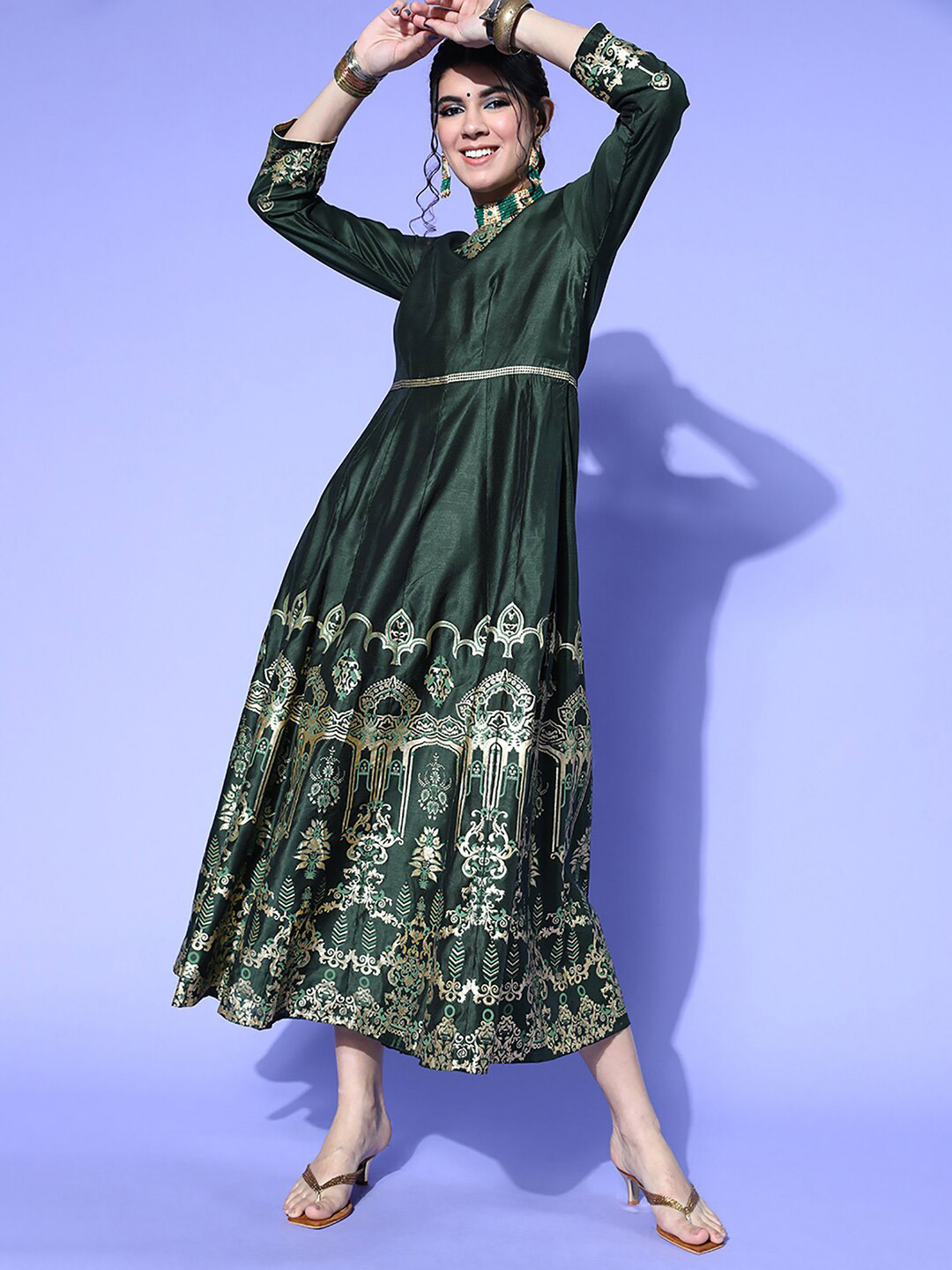 

Indo Era Liva Ethnic Motifs Fit and Flare Dress, Green