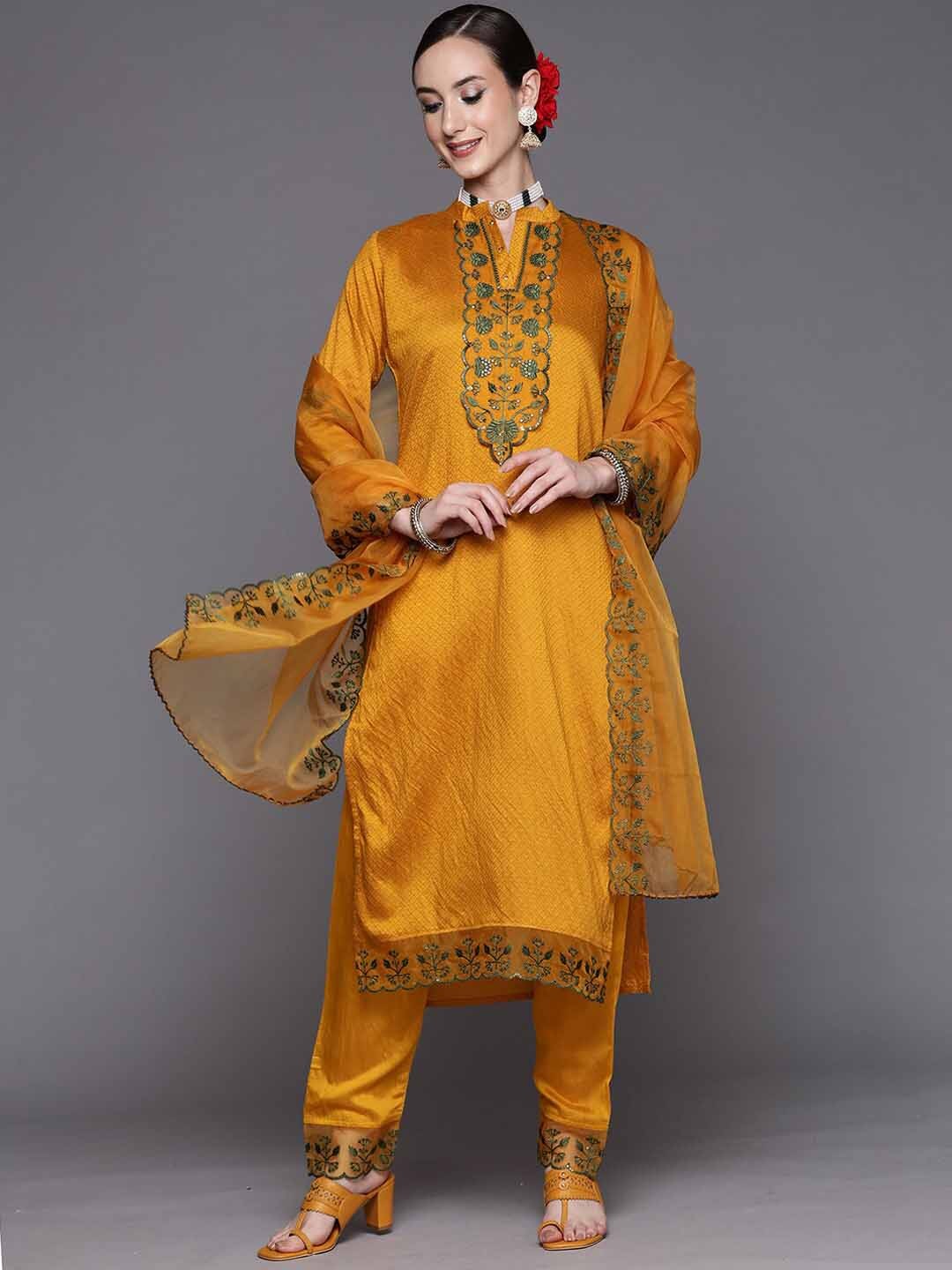 

Indo Era Mustard Yellow Embroidered Sequined Kurta with Trousers & Dupatta