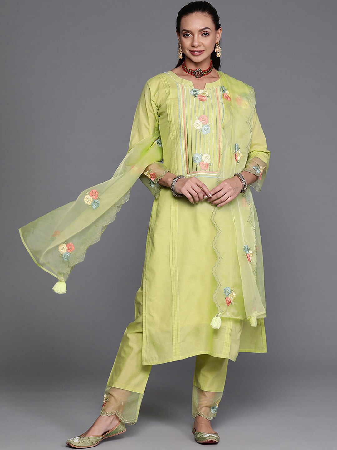 

Indo Era Light Green Floral Embroidered Kurta with Trousers & Dupatta