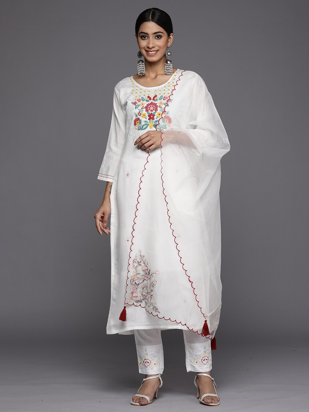 

Indo Era White Floral Embroidered Beads & Stones Kurta with Trousers & Dupatta