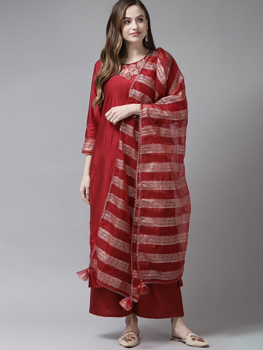 

Indo Era Red Floral Embroidered Sequinned Liva Kurta with Palazzos & Dupatta