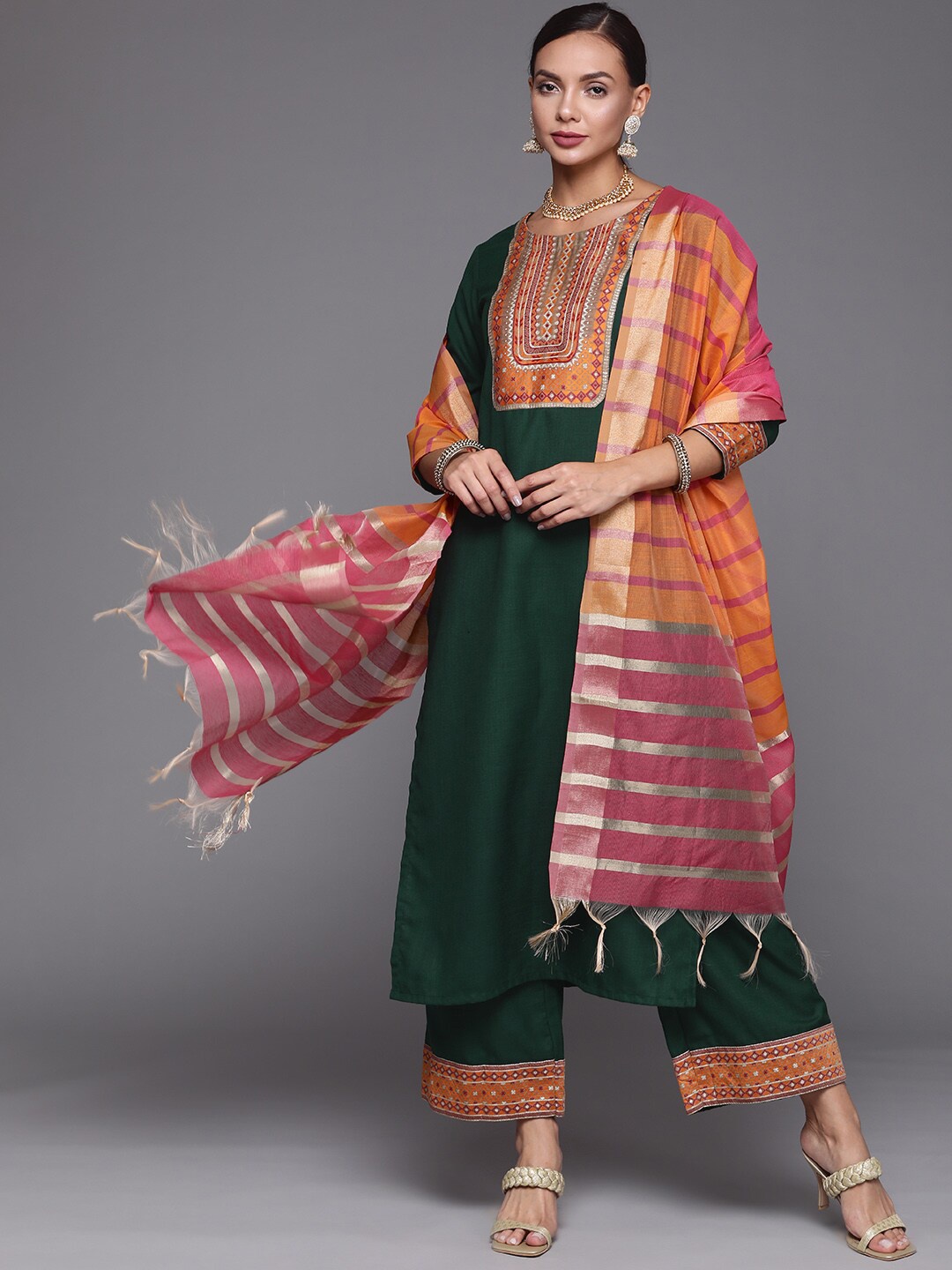 

Indo Era Green & Orange Ethnic Motifs Printed Kurta with Palazzos & Dupatta