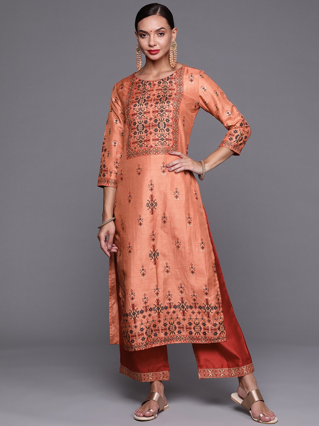 

Indo Era Peach-Coloured & Red Ethnic Motifs Foil Printed Kurta with Palazzos