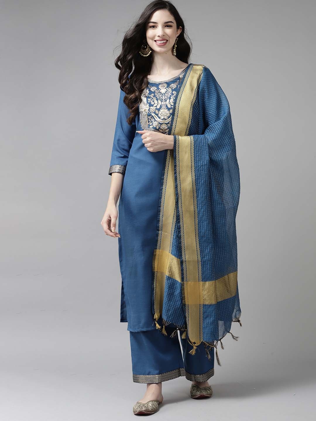 

Indo Era Floral Printed Kurta with Palazzos & Dupatta, Blue