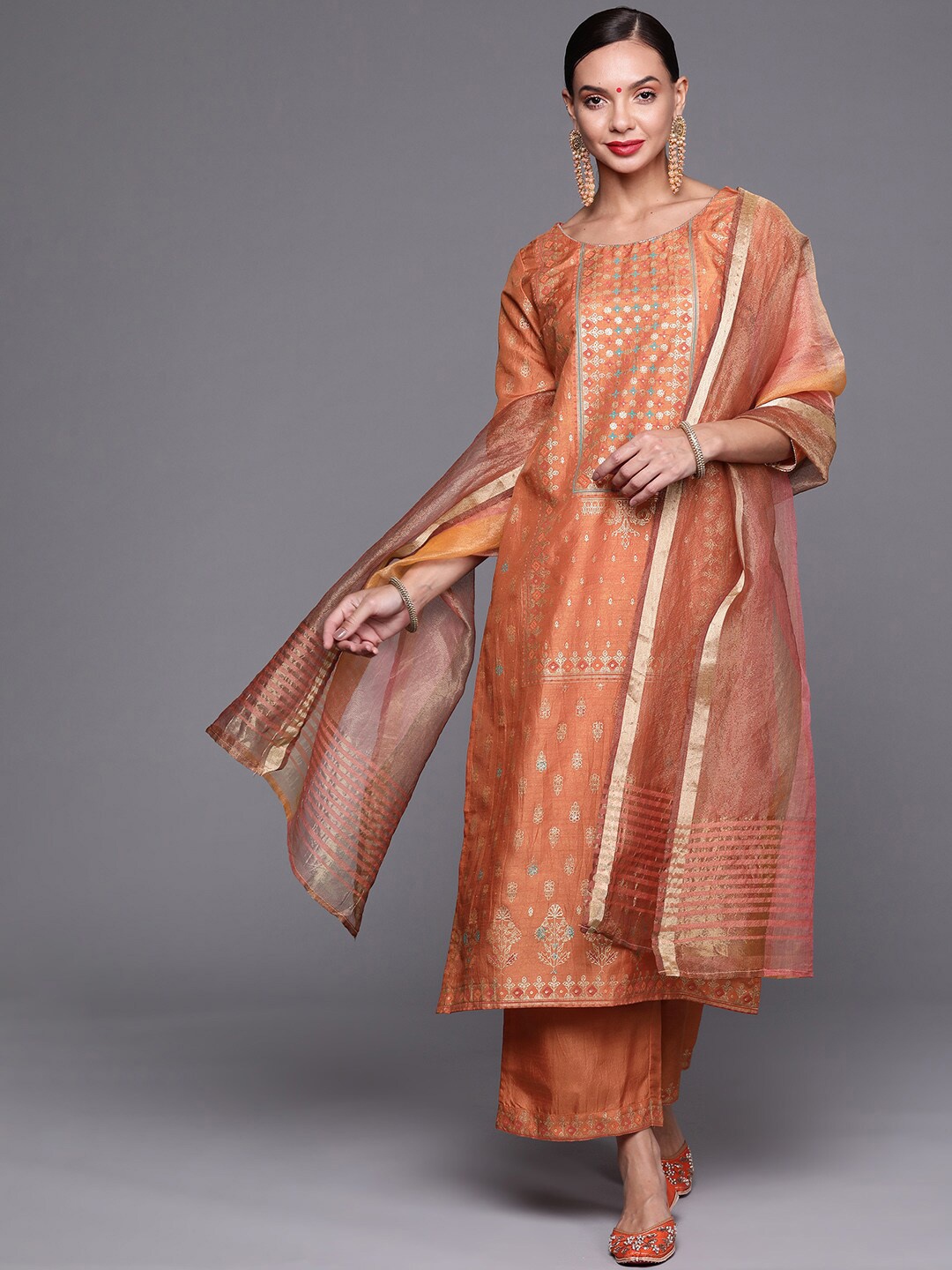 

Indo Era Orange Ethnic Motifs Foil Printed Kurta with Palazzos & Dupatta