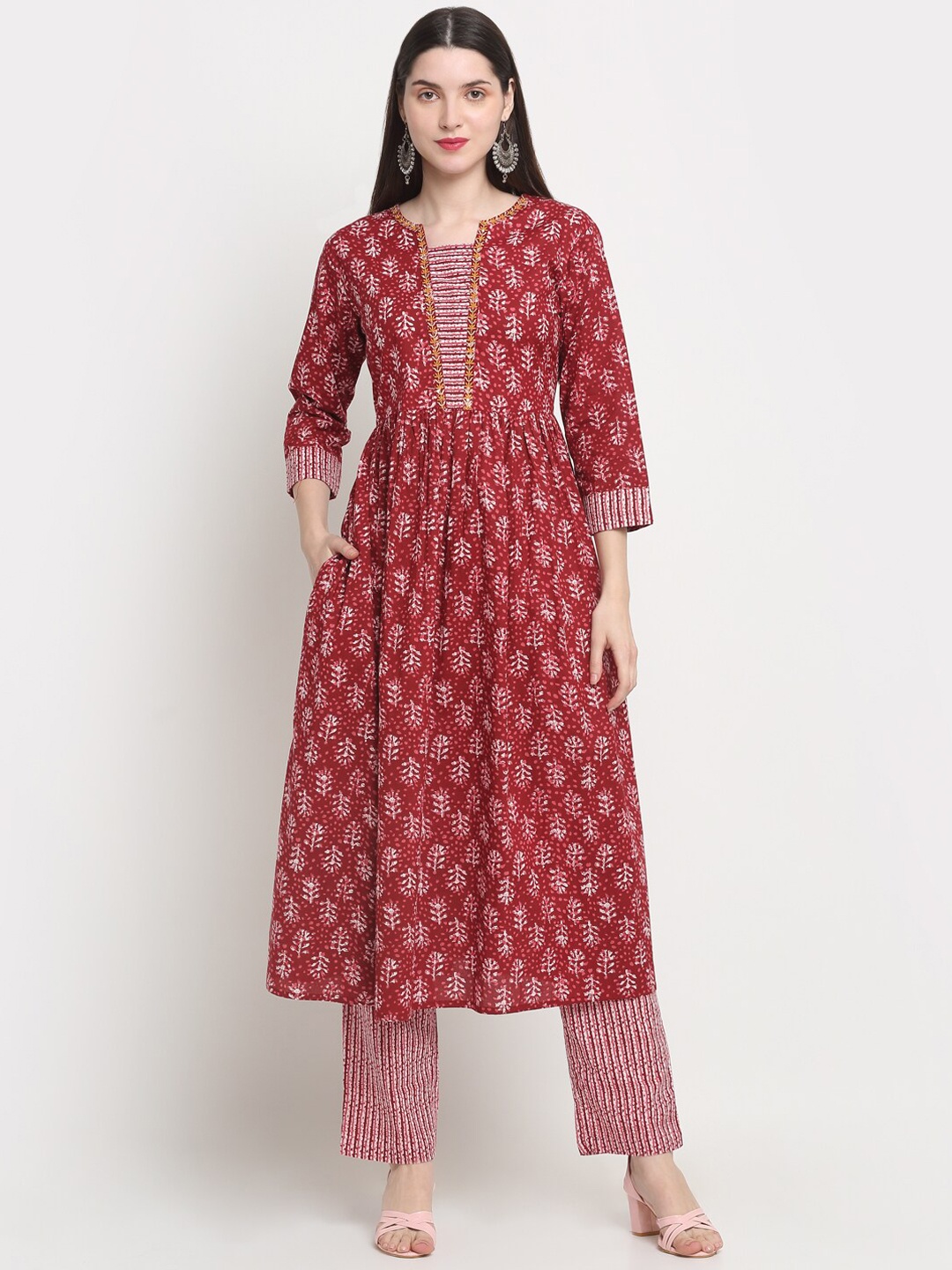 

KALINI Ethnic Motifs Printed Anarkali Pure Cotton Kurta with Trousers, Maroon
