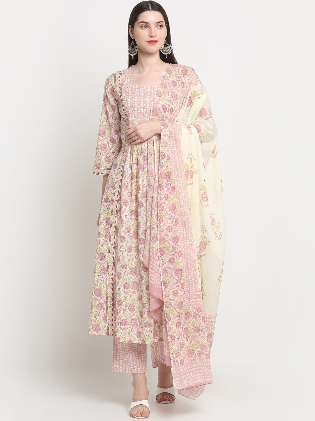 

KALINI Floral Printed Sequined A-Line Pure Cotton Kurta with Trousers & Dupatta, Pink